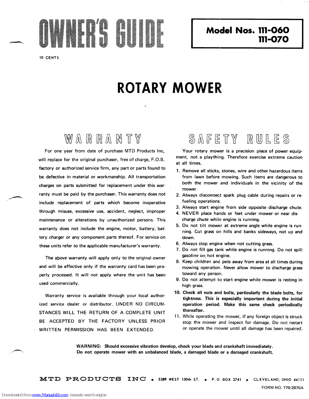 MTD 111-060, 111-070 Owner's Manual