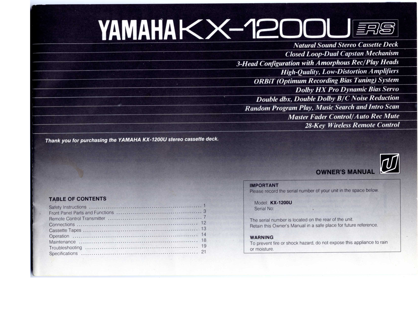 Yamaha KX-1200-U Owners Manual