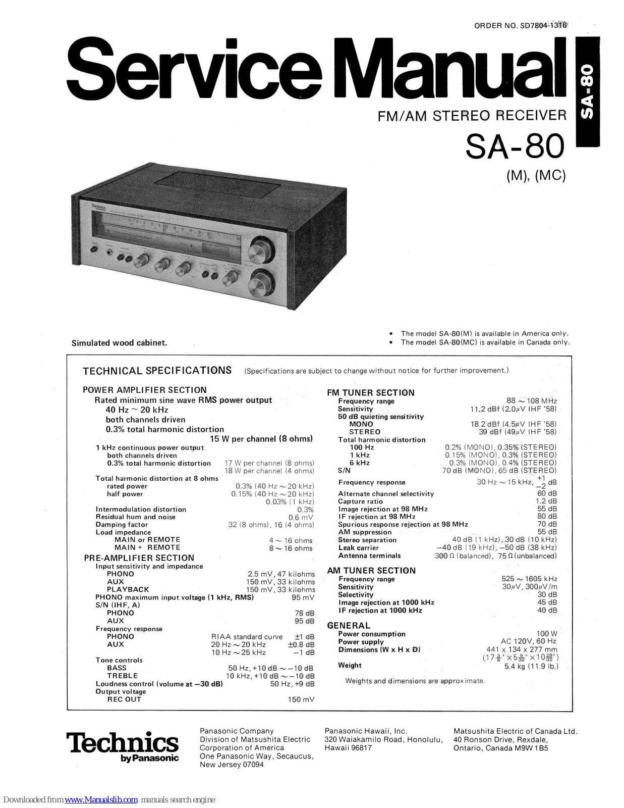 Technics SA-80M, SA-80MC Service Manual