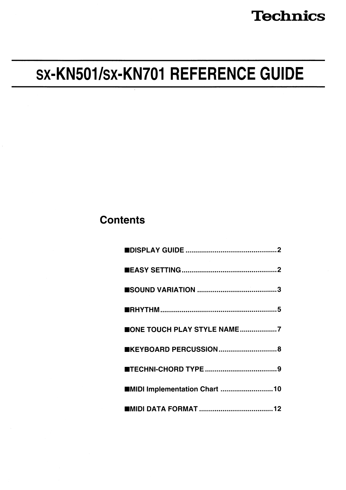 Technics SX-KN701, SX-KN501 Reference Guide