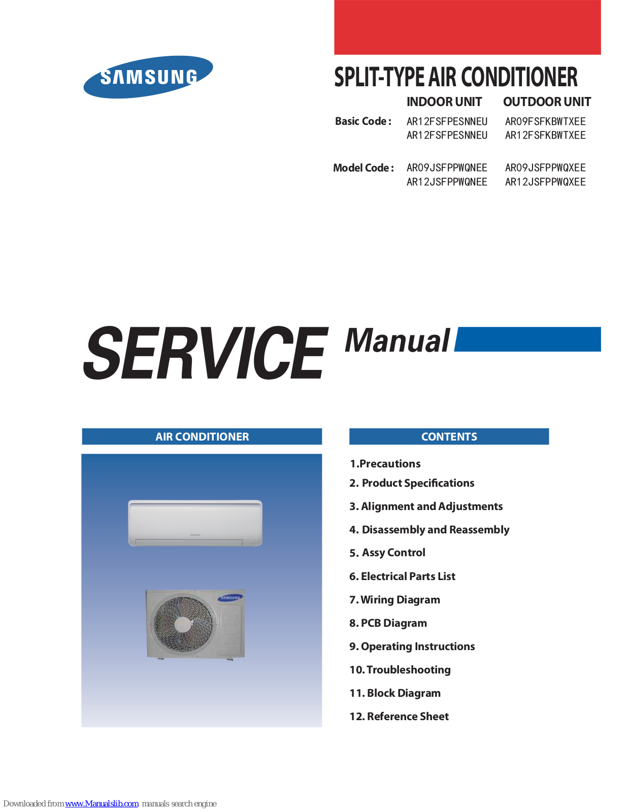 Samsung AR12FSFPESNNEU, AR12FSFKBWTXEE, AR09FSFKBWTXEE, AR12JSFPPWQNEE, AR09JSFPPWQXEE Service Manual