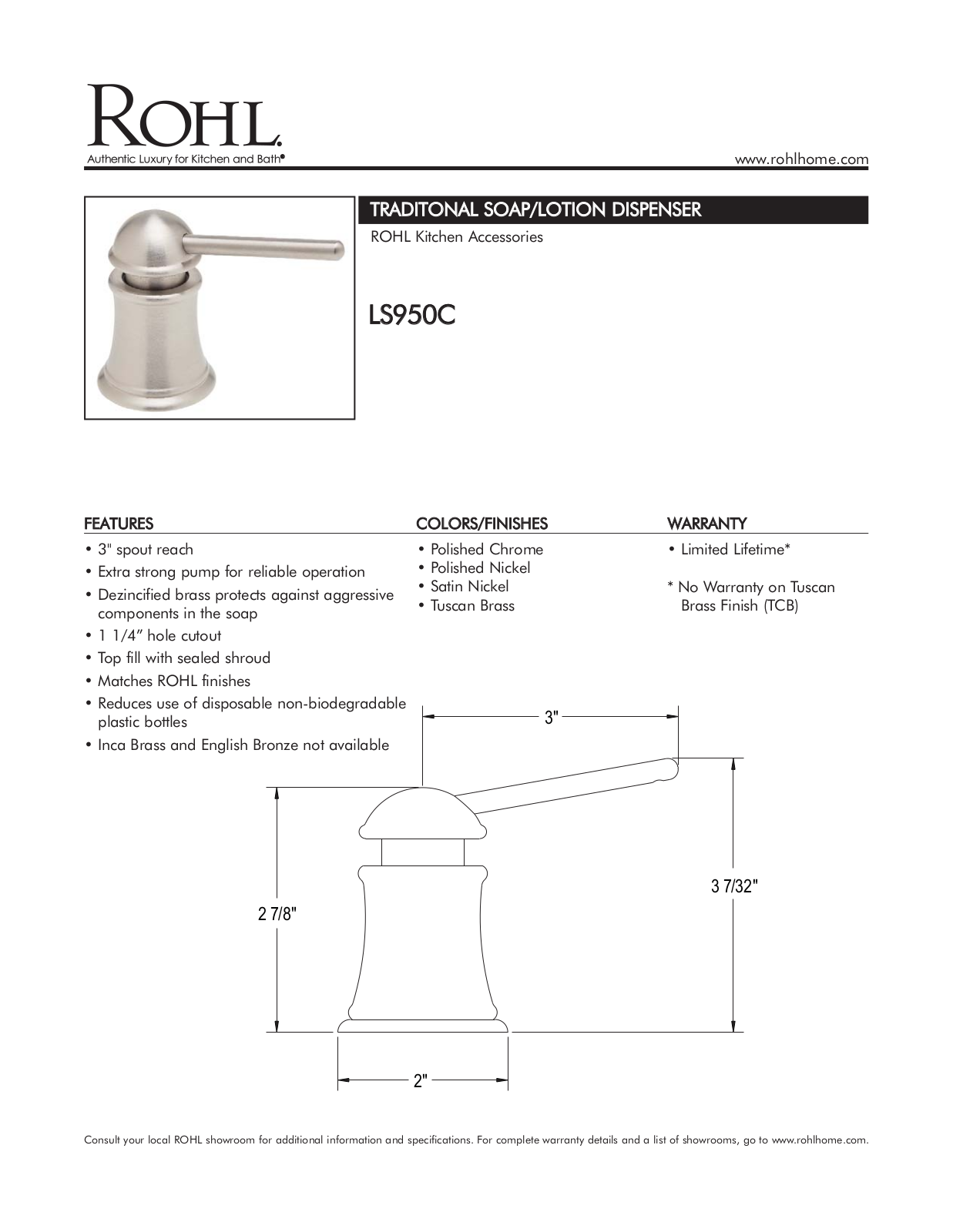 Rohl LS950C Specifications