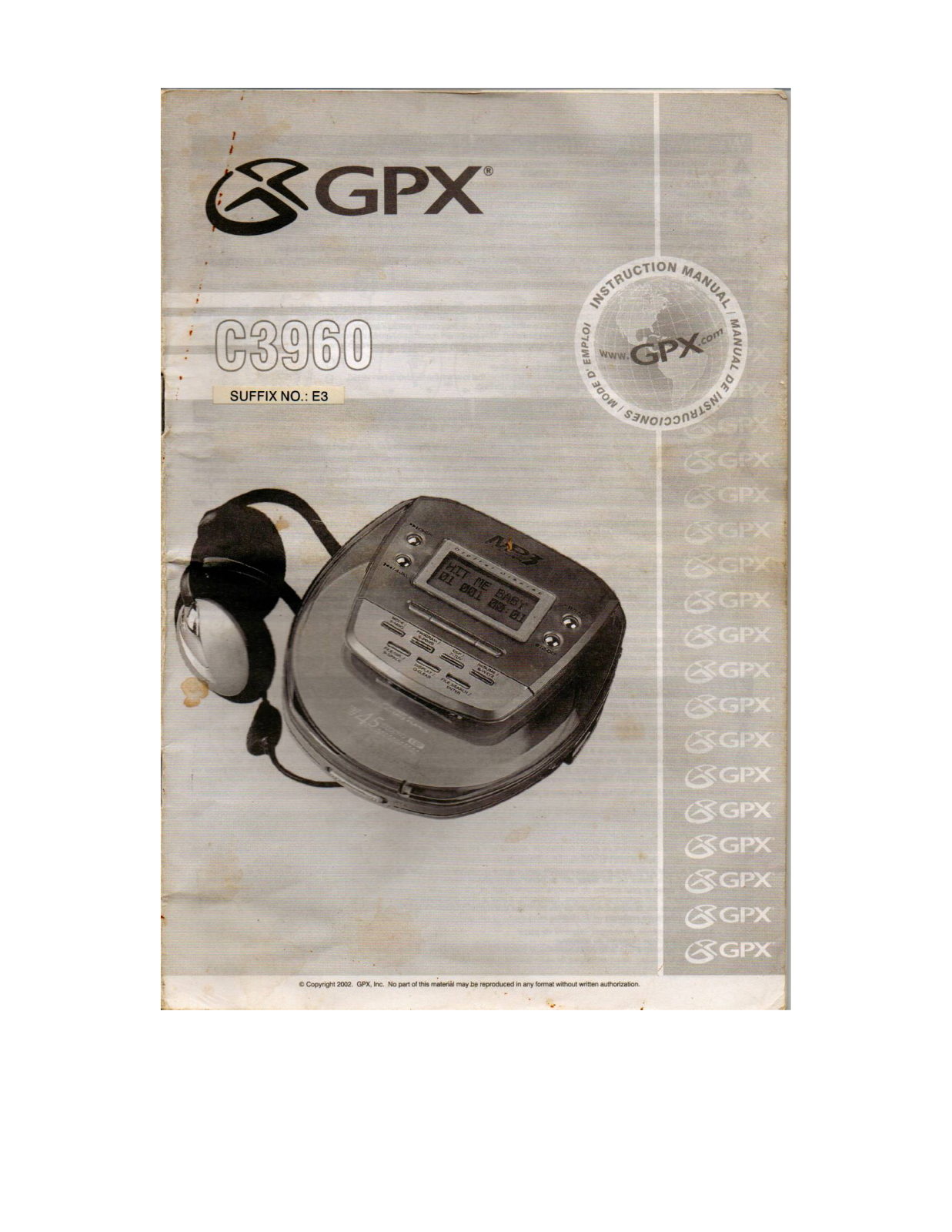 GPX PORTABLE CD MP3 PLAYER User Manual