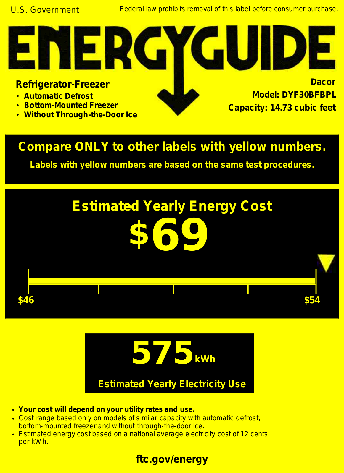 Dacor DYF30BFBPL, DYF30BFTSL, DYF36BFBSL Energy Guide