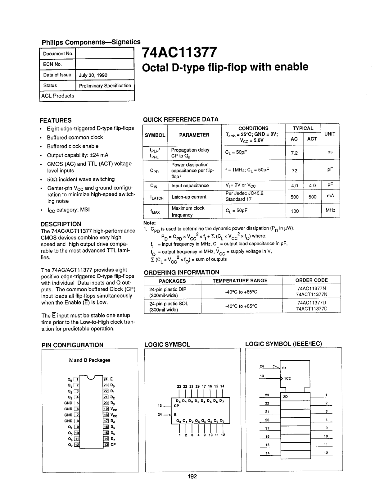 Philips 74ACT11377N, 74ACT11377D, 74AC11377N, 74AC11377D Datasheet