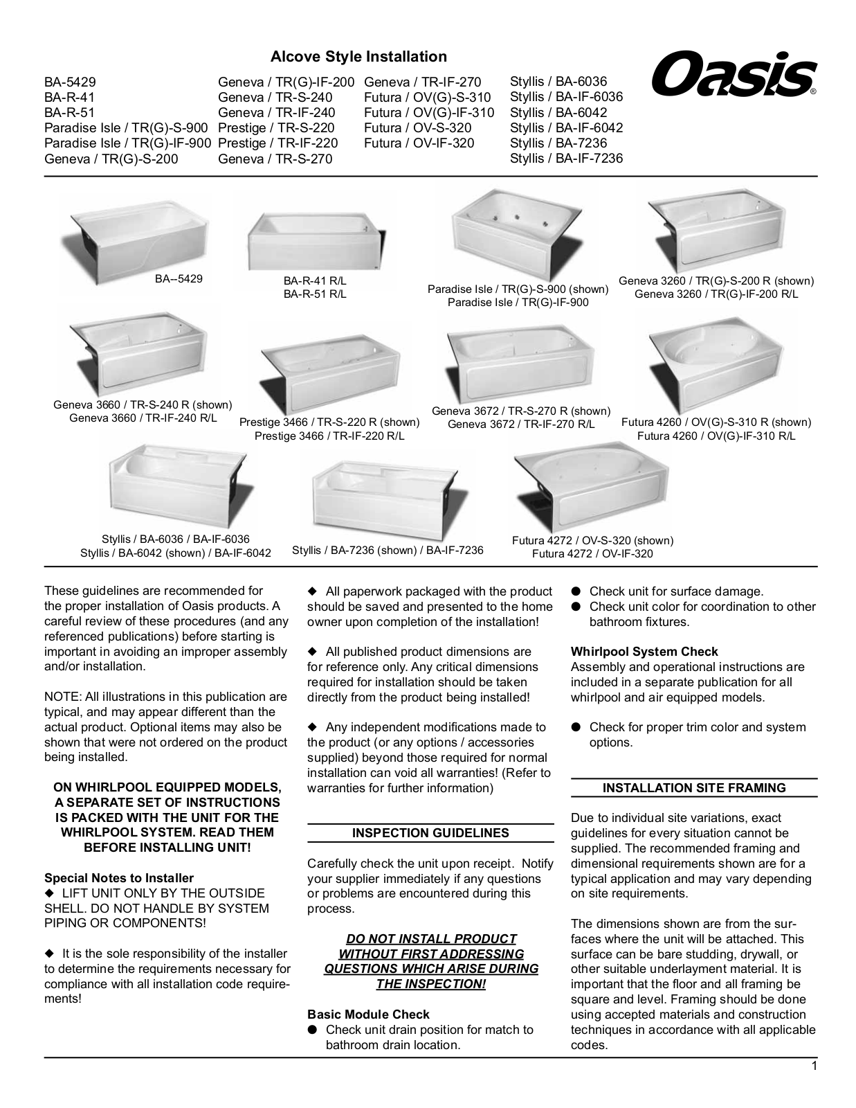 Oasis Lifestyle BA-R-41, TRG-S-200, TRG-S-900, BA-R-51, TRG-IF-900 Installation Manual