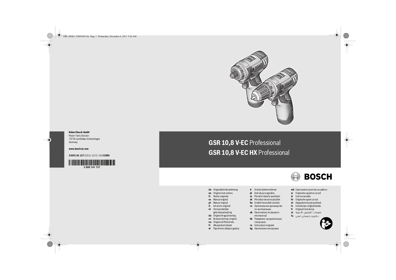 Bosch GSR 10.8 V-EC Professional, GSR 10.8 V-EC HX Professional User manual