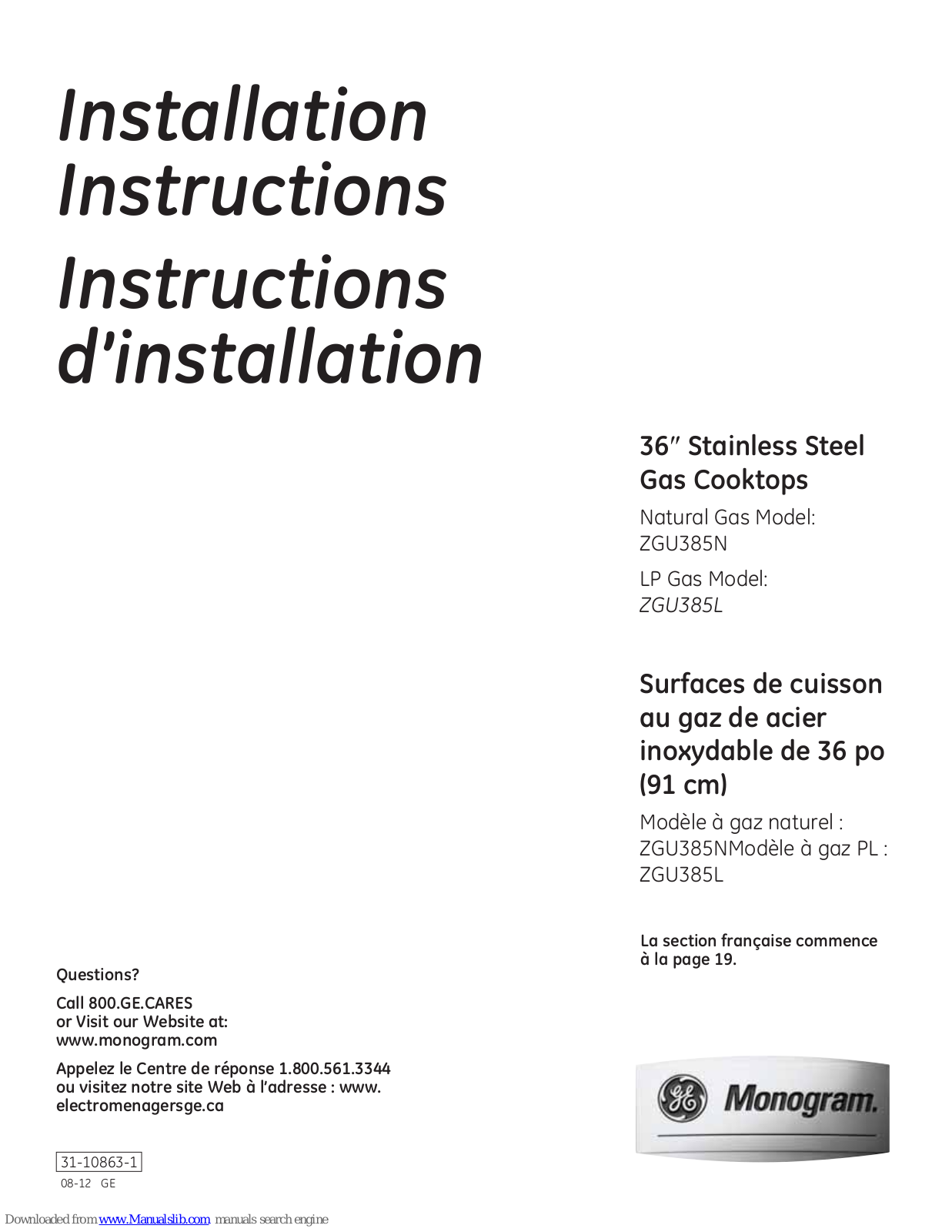 Monogram ZGU385N, ZGU385L Installation Instructions Manual