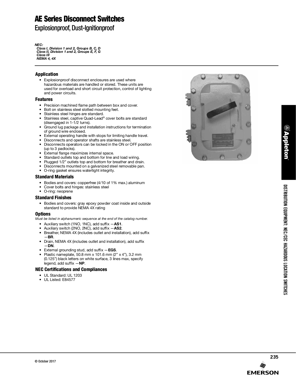 Appleton AE Series Disconnect Switches Catalog Page