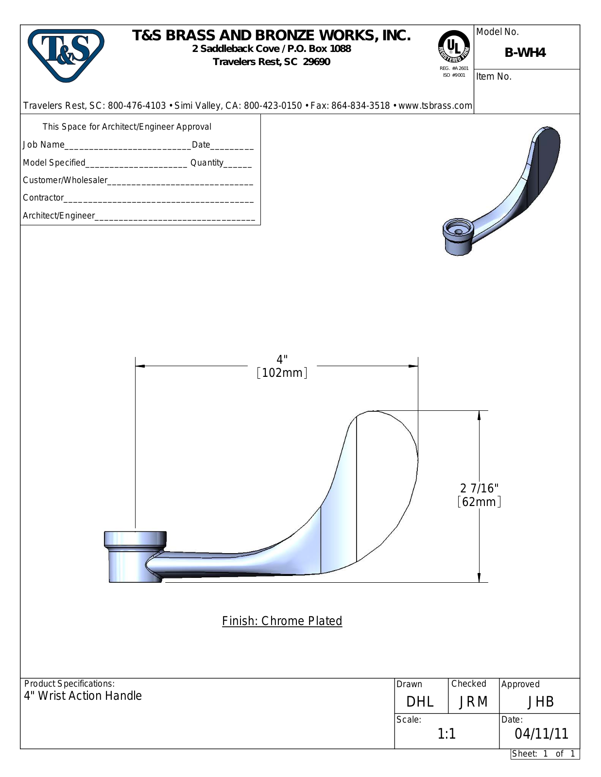 T&S Brass B-WH4 User Manual