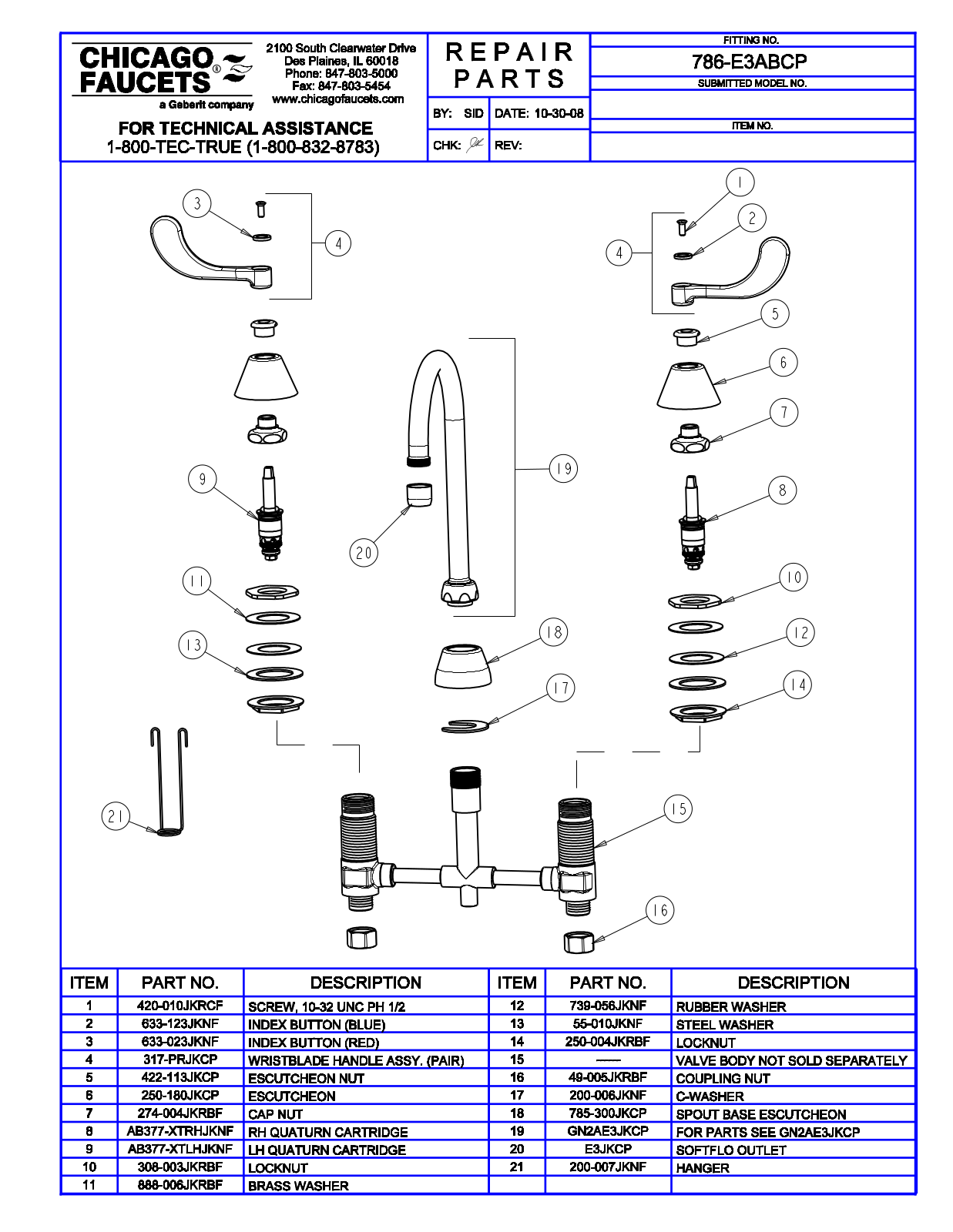 Chicago Faucet 786-E3AB Parts List