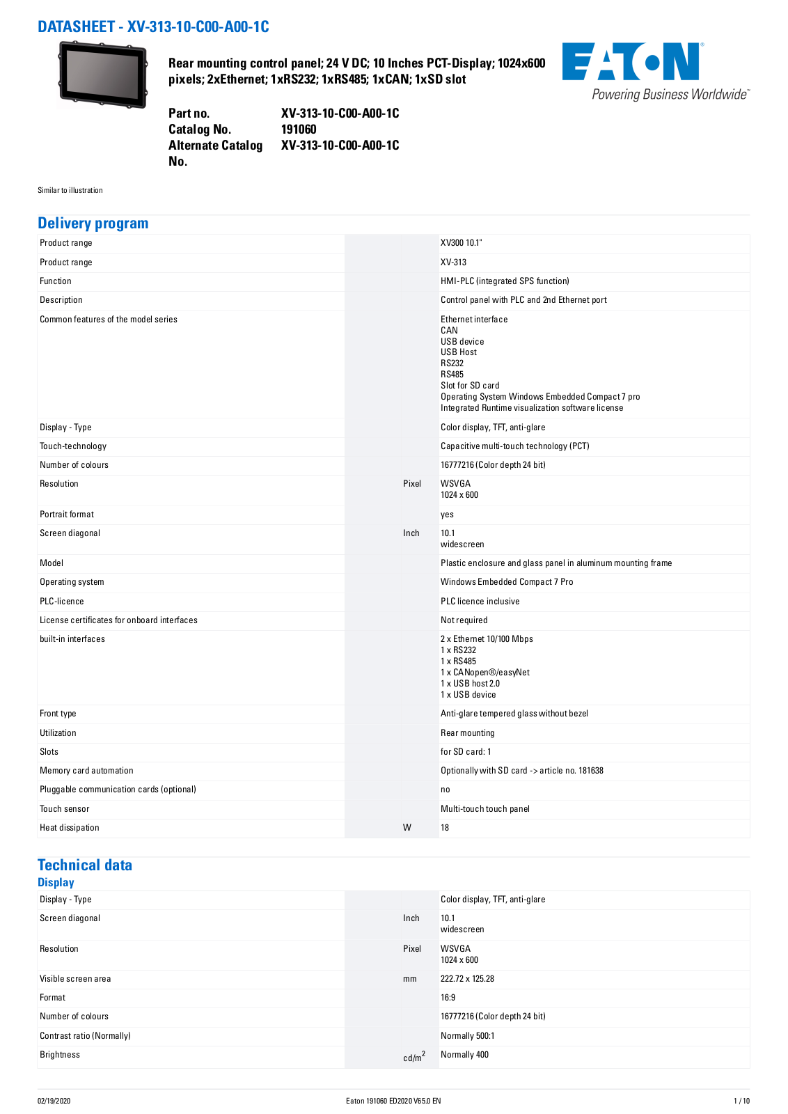 Cutler Hammer, Div of Eaton Corp XV-313-10-C00-A00-1C Data Sheet