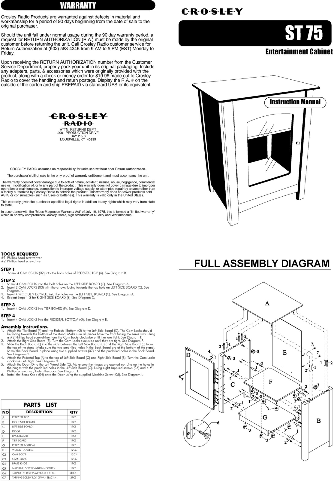 CROSLEY ST 75 User Manual