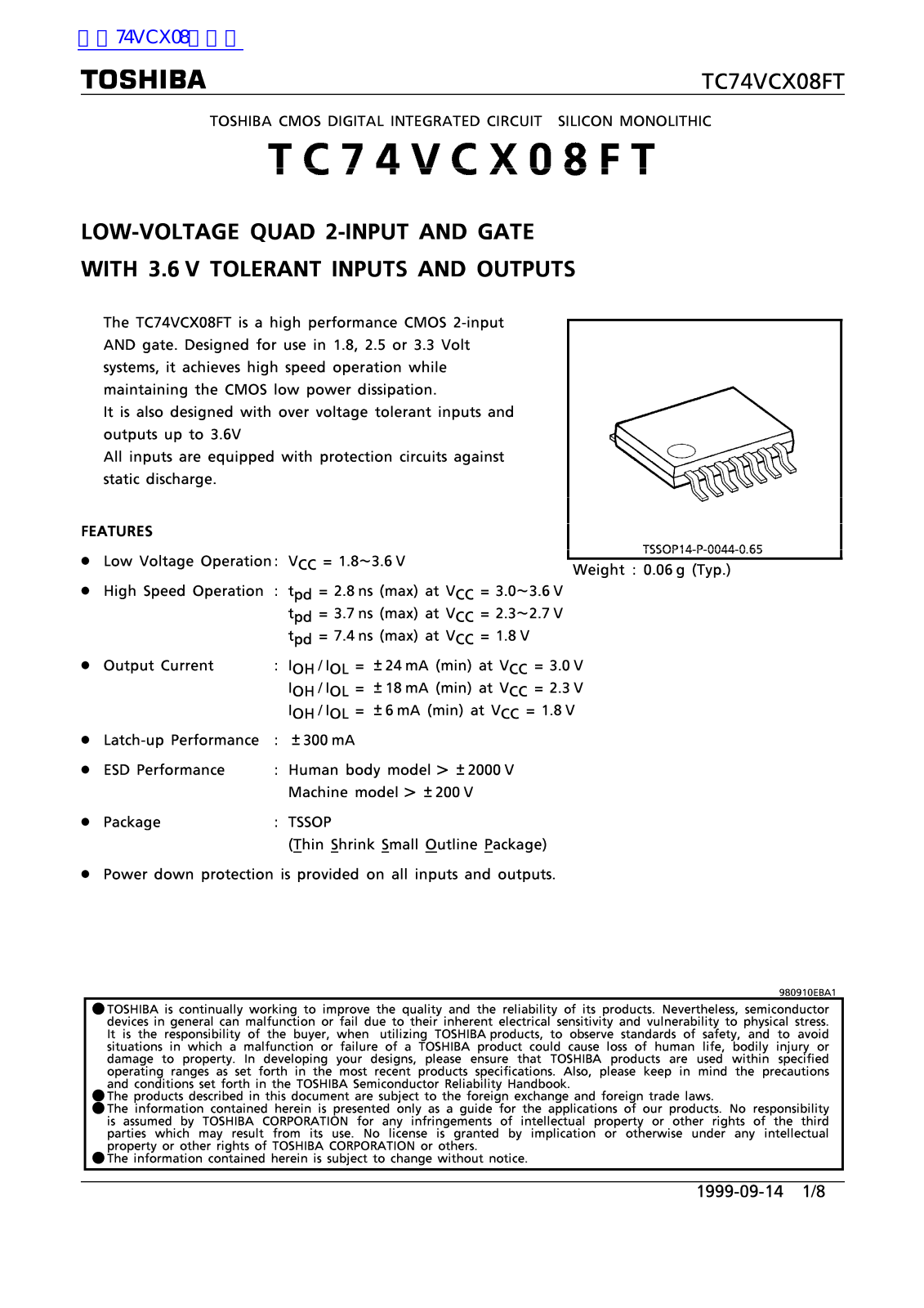 TOSHIBA TC74VCX08FT Technical data