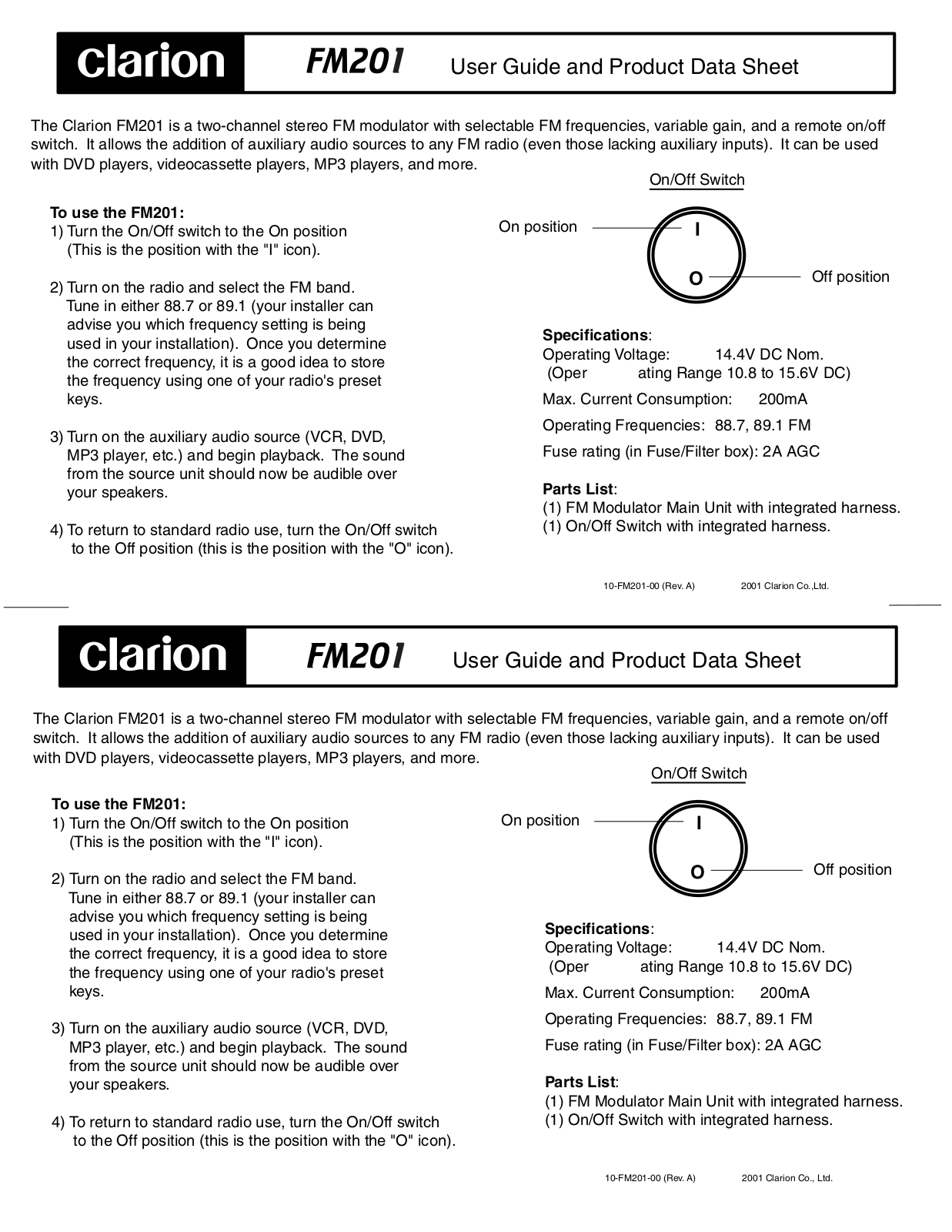 Clarion FM201 User Manual