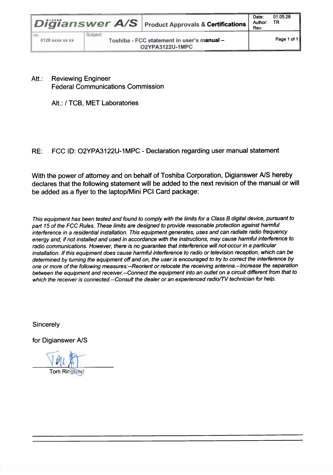 Toshiba PA3122U-1MPC FCC statement