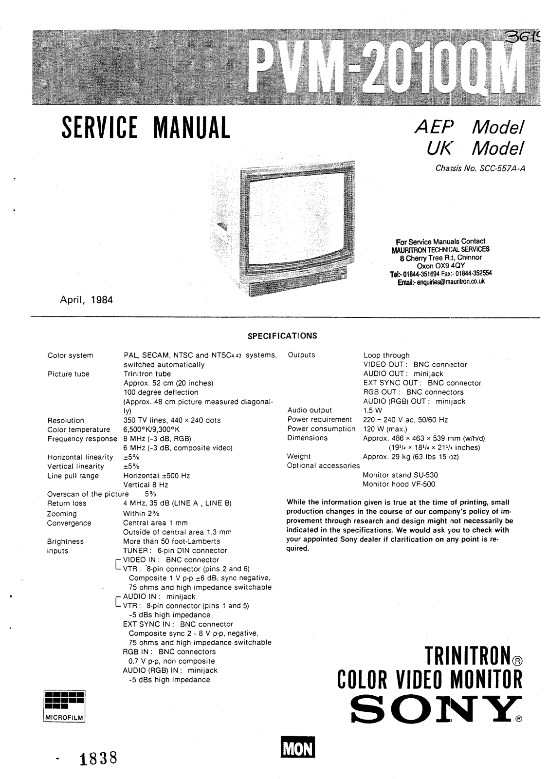 Sony PVM-2010QM Service Manual