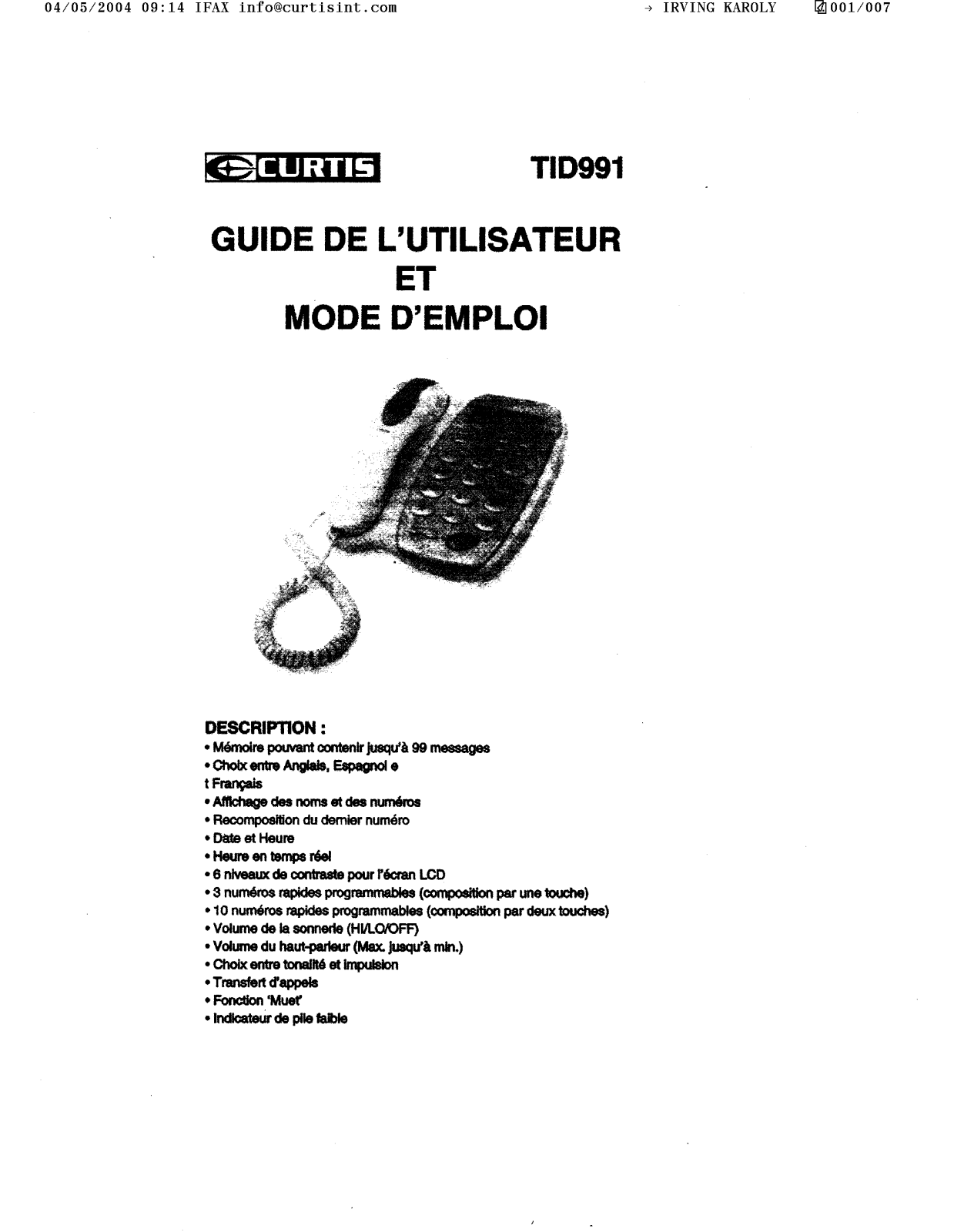 CURTIS TID991 User Manual