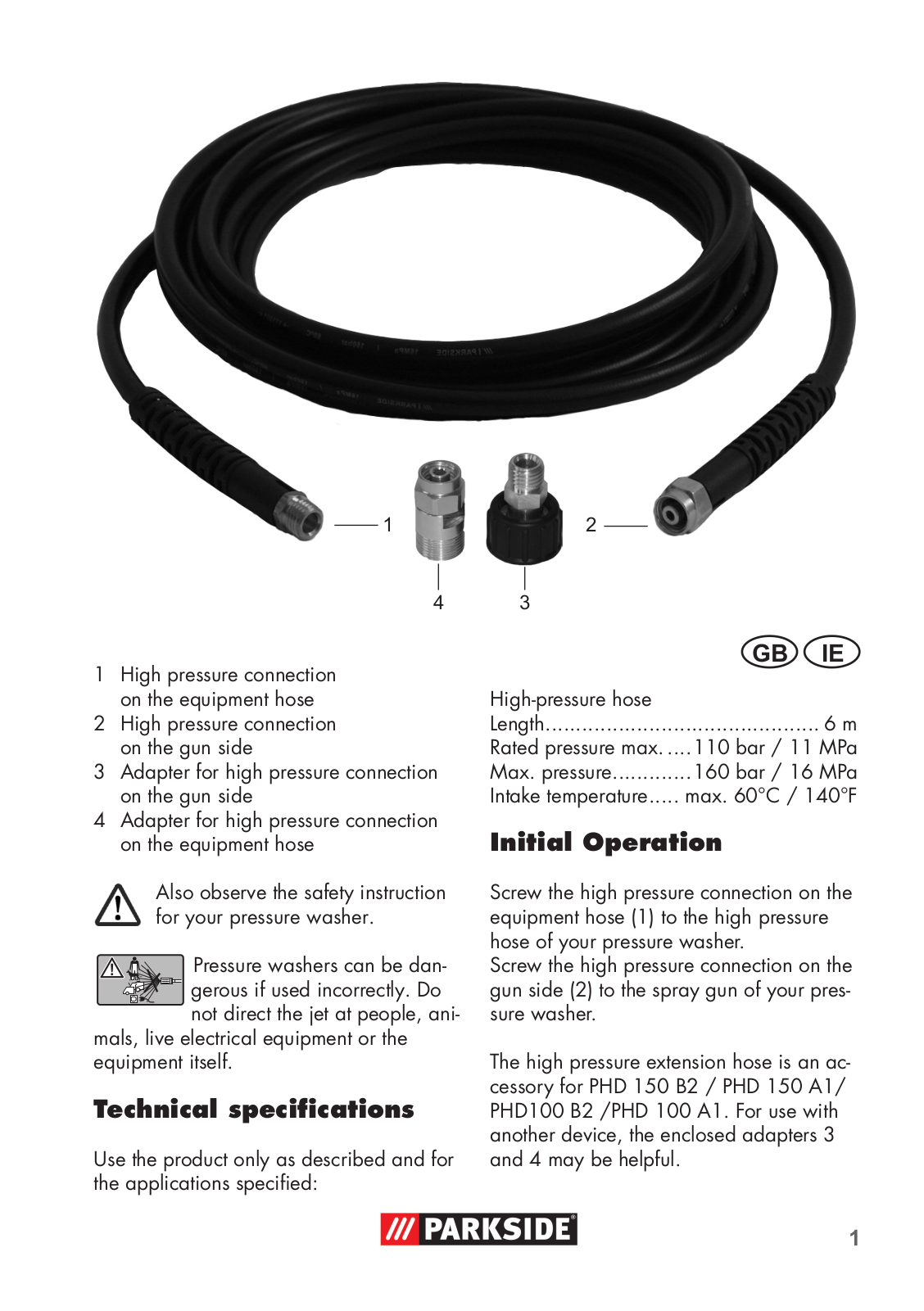 Parkside High-Pressure Extension Hose User Manual