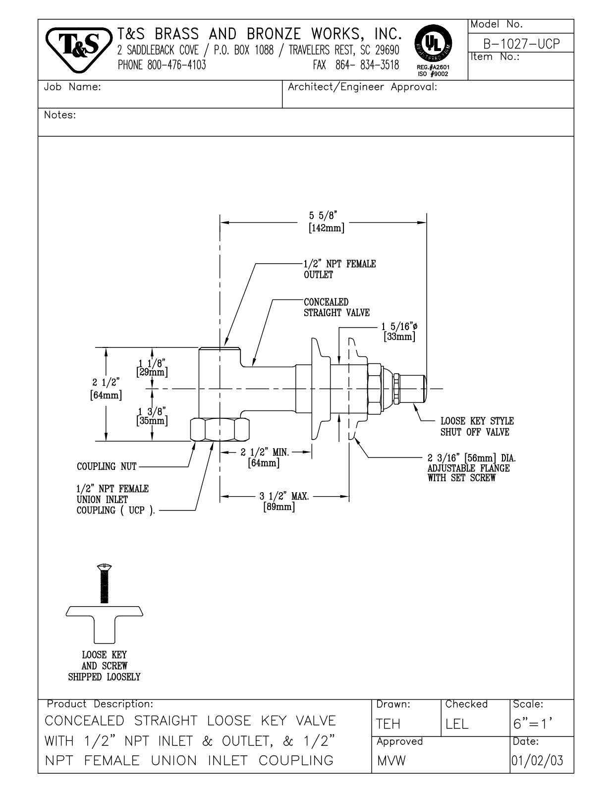 T & S Brass & Bronze Works B-1027-UCP General Manual