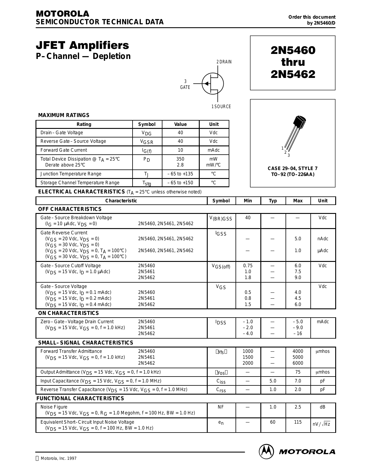 Motorola 2N5462, 2N5461, 2N5460 Datasheet