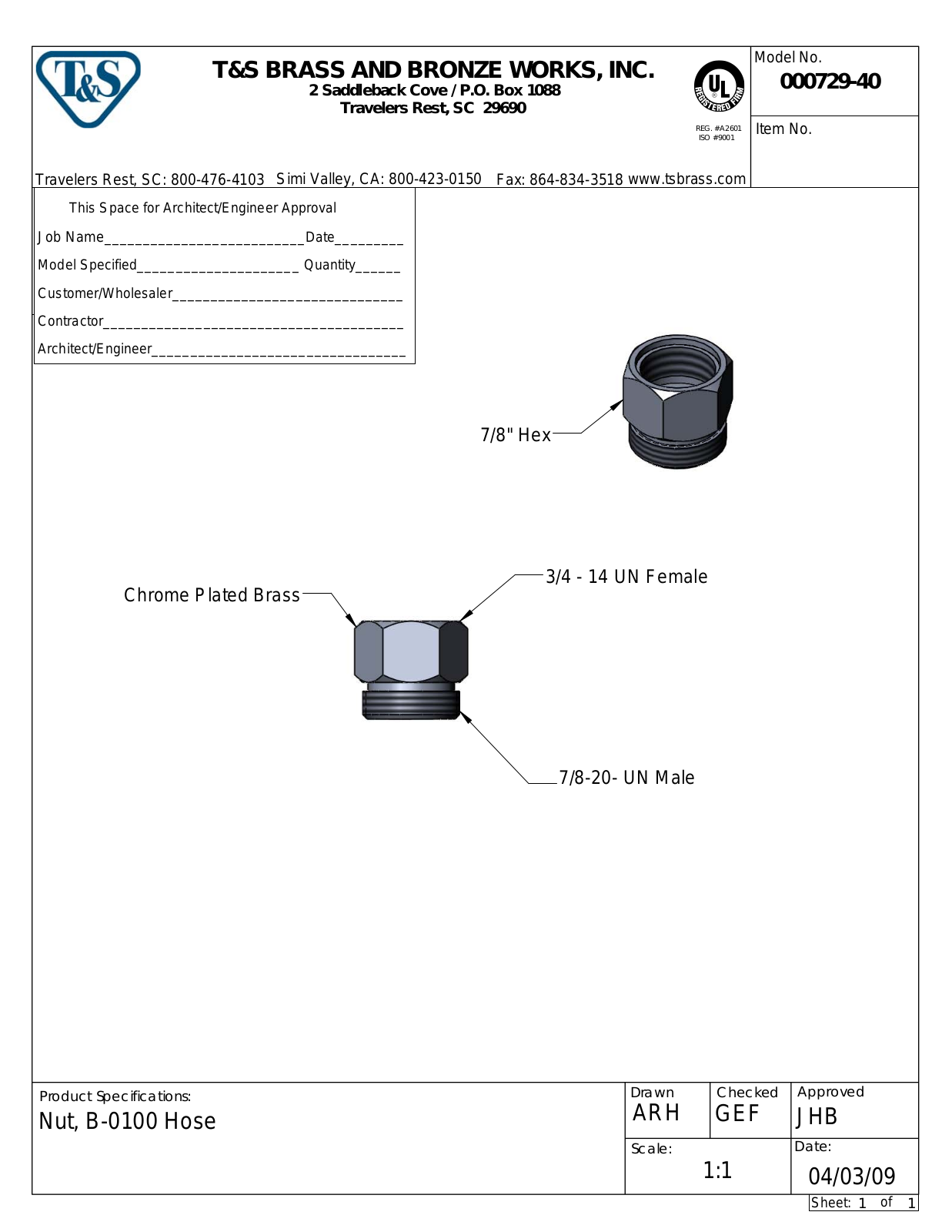 T&S Brass 000729-40 User Manual