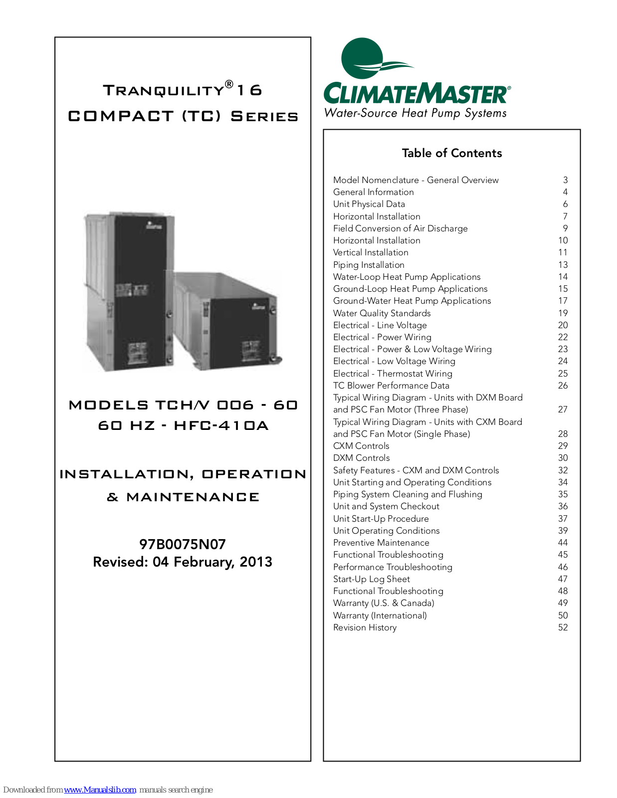 ClimateMaster TCH 60, TCH 006, TCV 006, TCV 60 Installation, Operation & Maintenance Manual