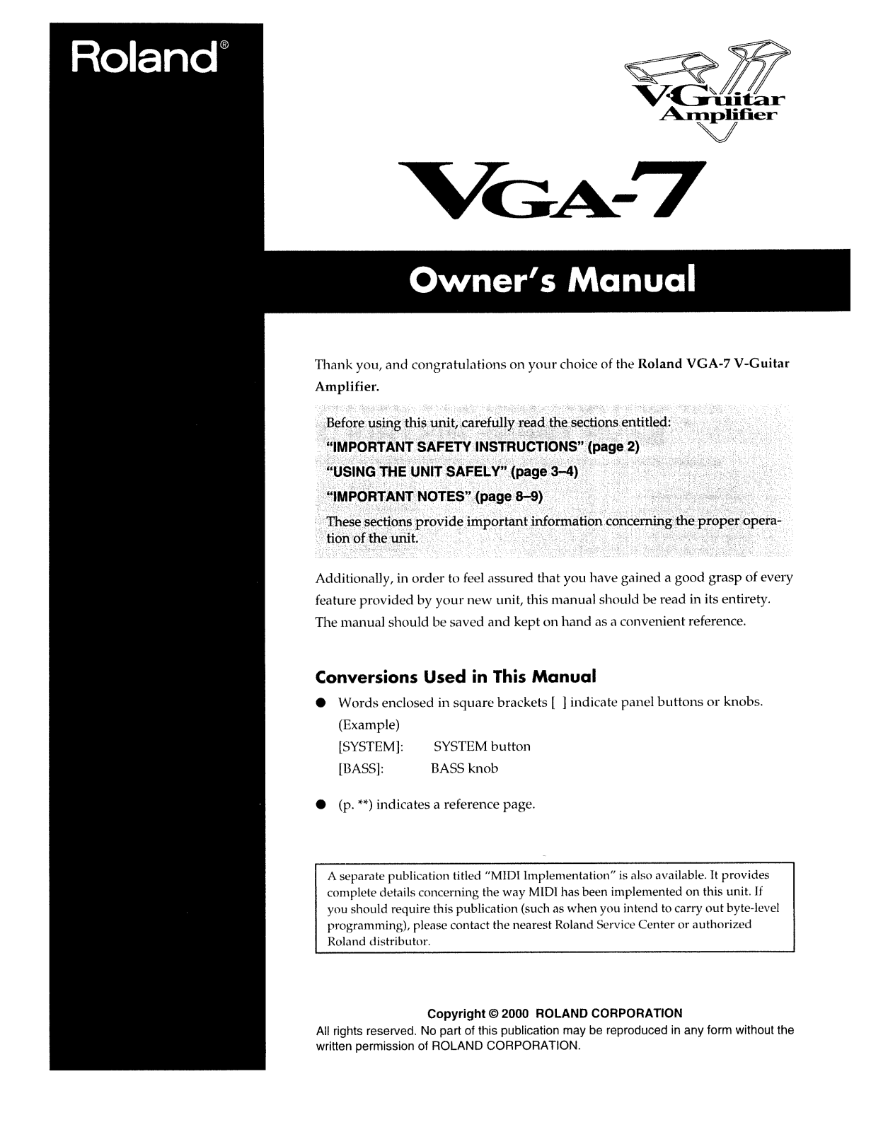 Roland Corporation VGA-7 Owner's Manual