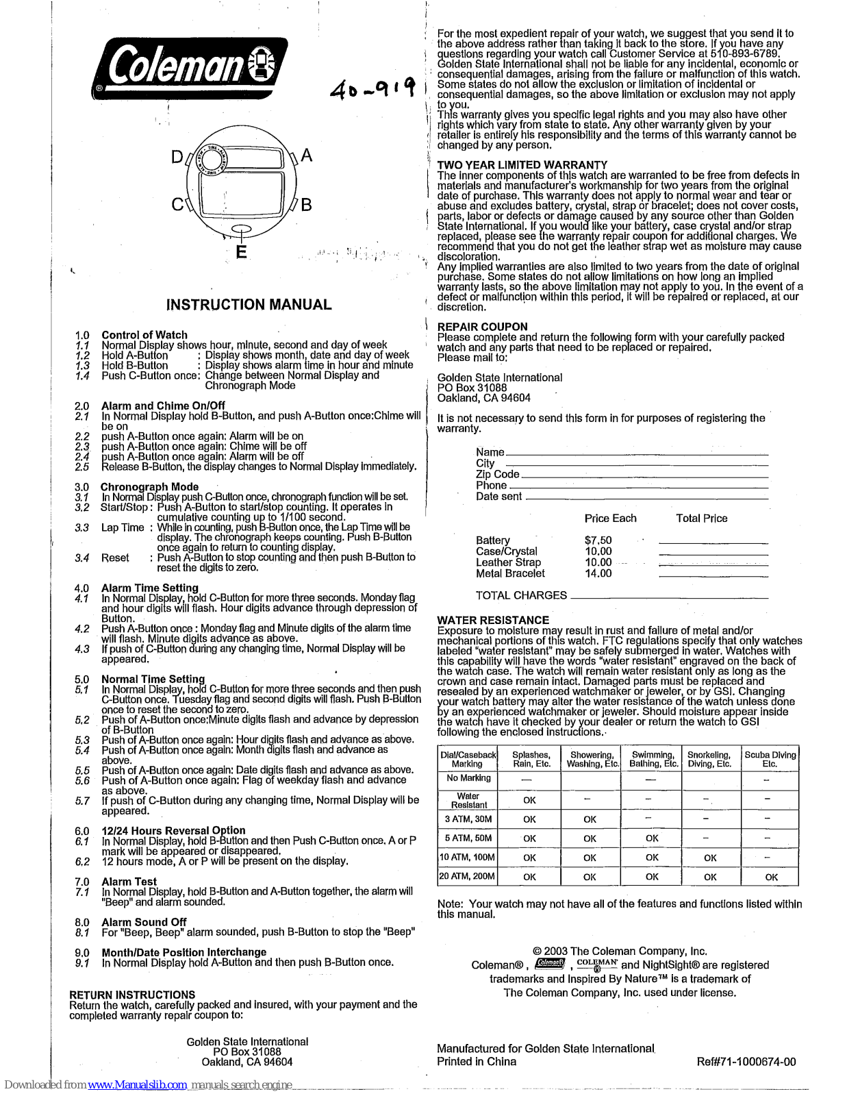 Coleman 40-919 Instruction Manual