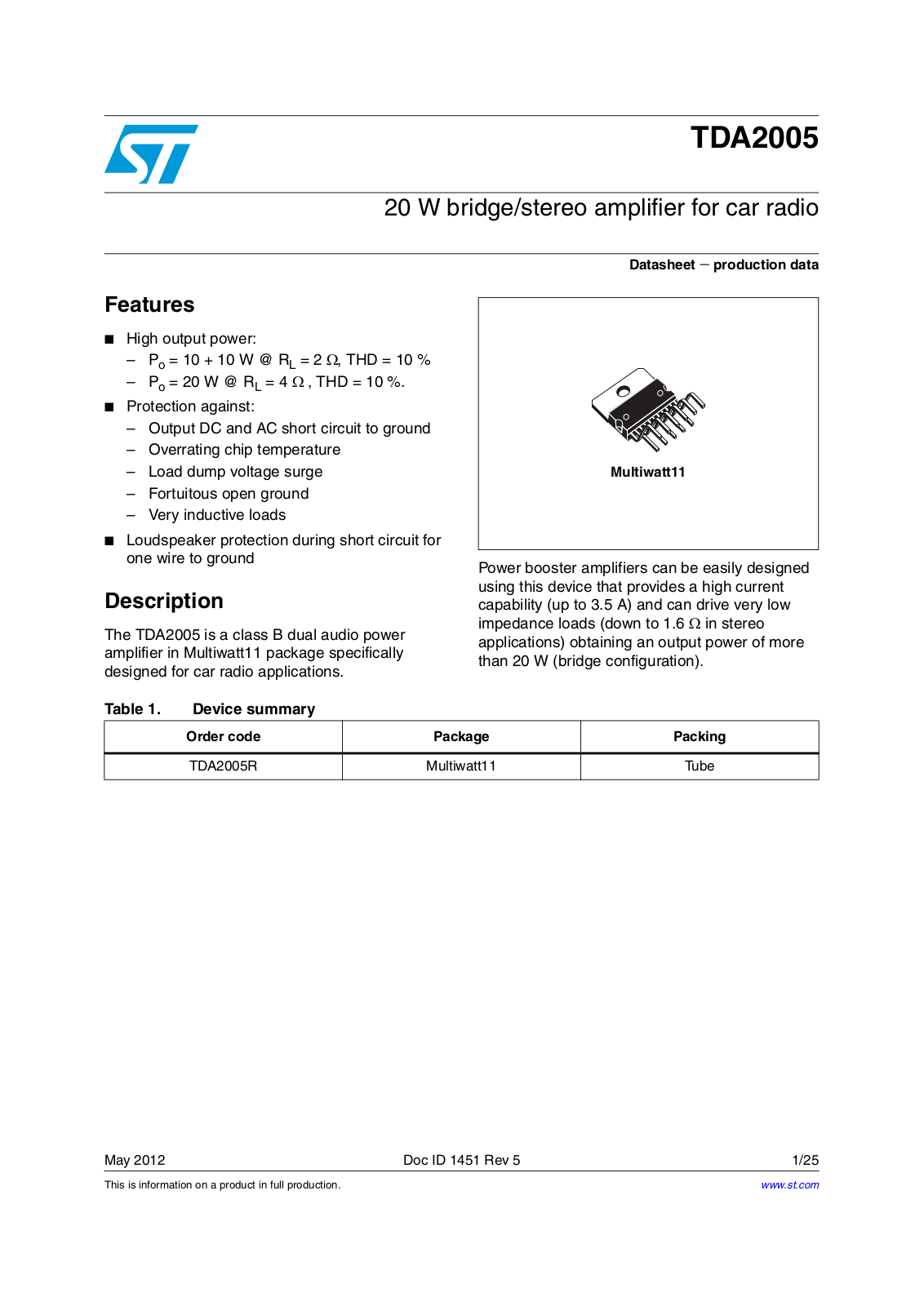 ST TDA2005 User Manual