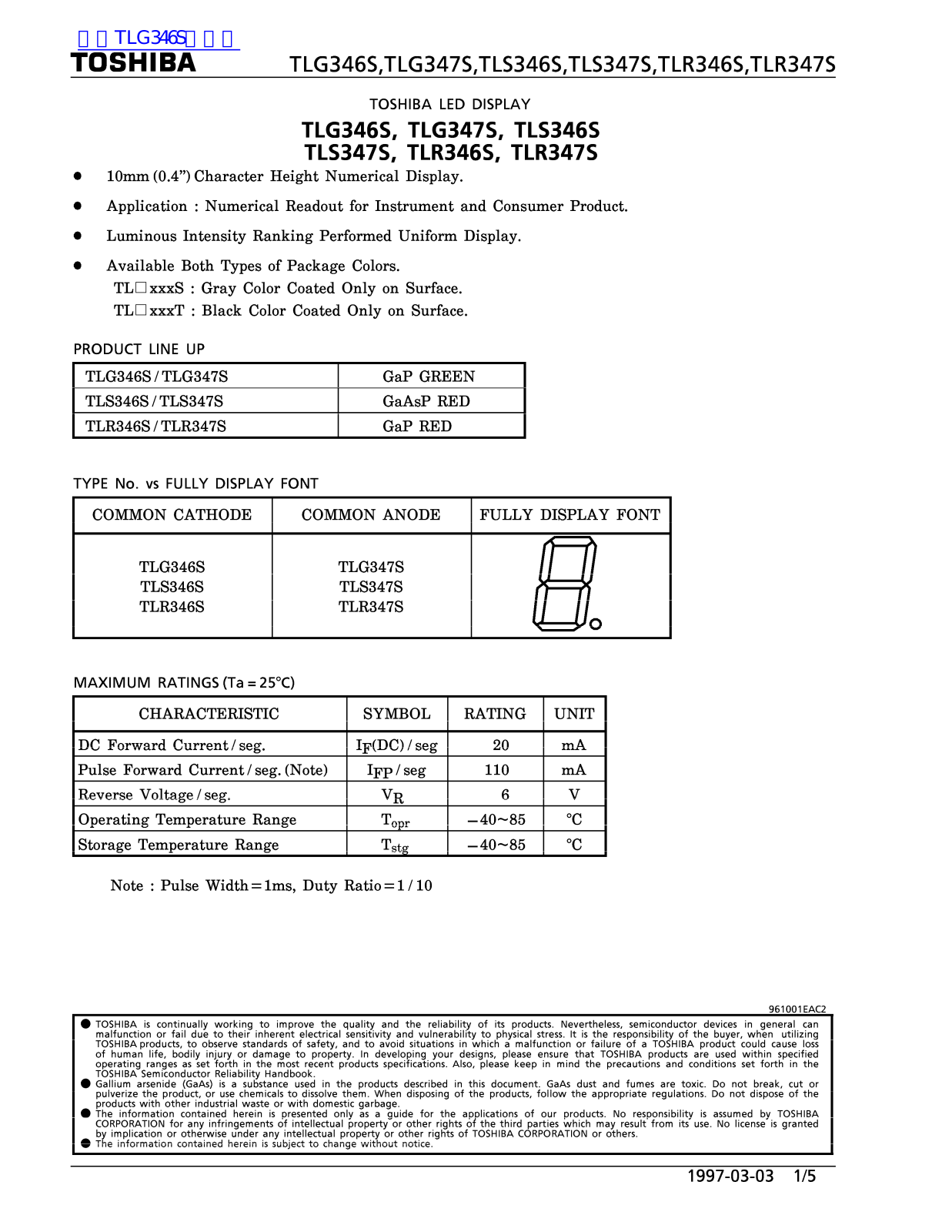 TOSHIBA TLG347S Technical data