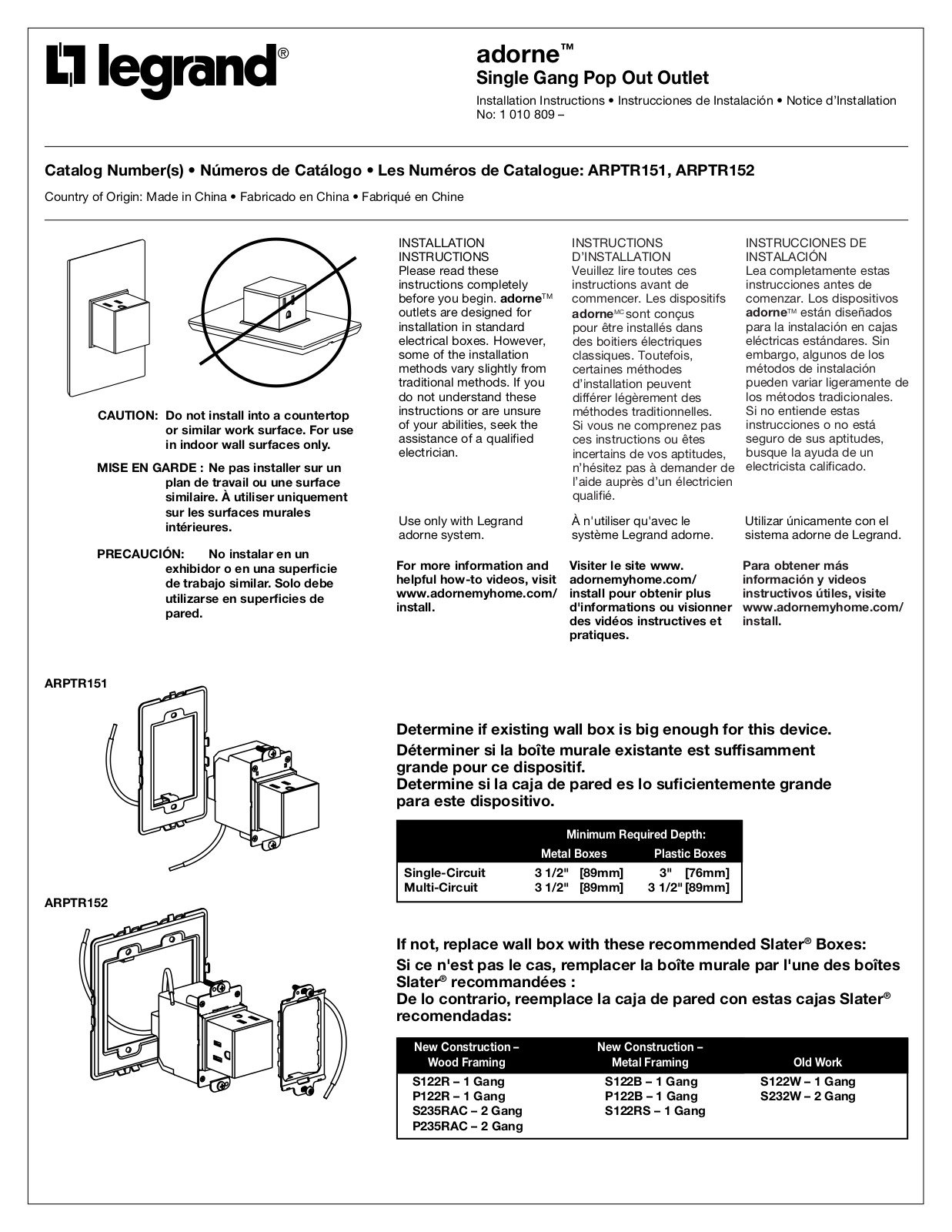 Legrand ARPTR151 User Manual