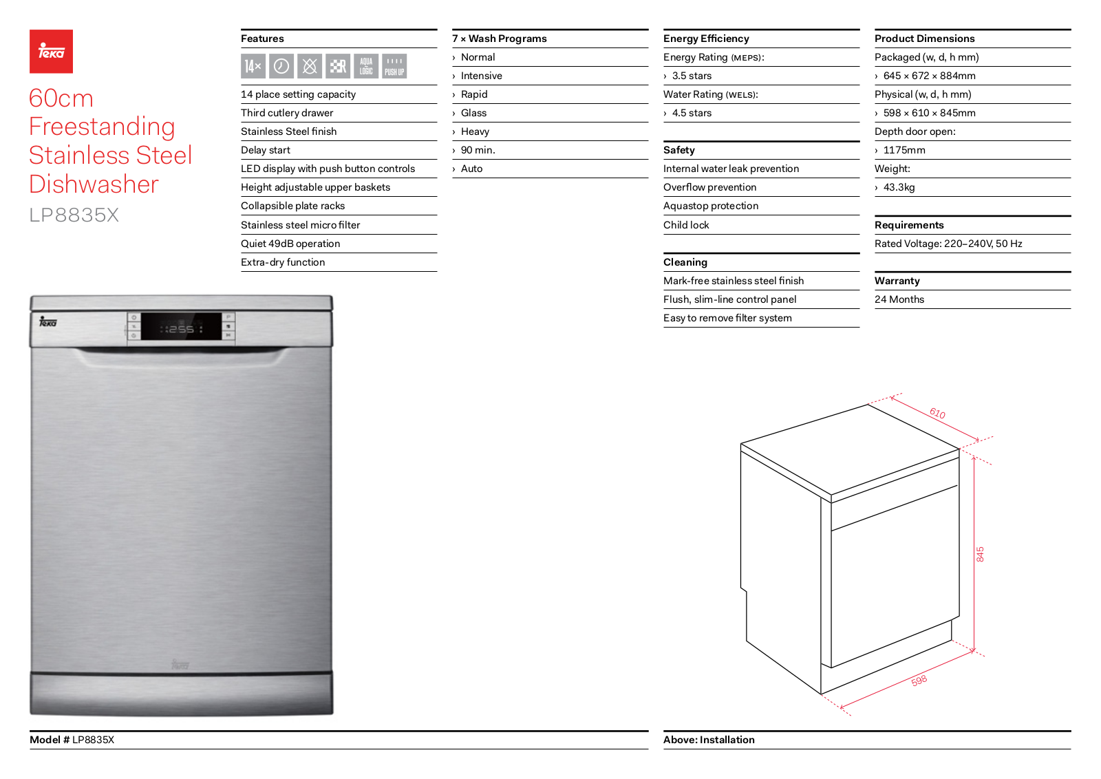 Teka LP8835X Specifications Sheet