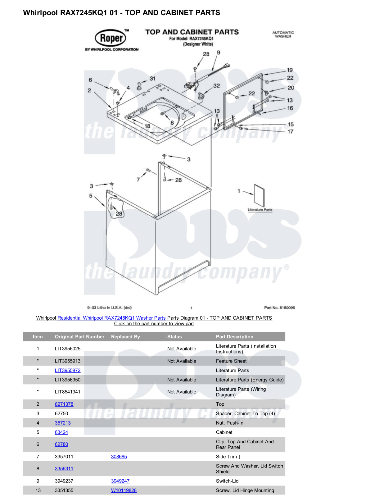 Whirlpool RAX7245KQ1 Parts Diagram