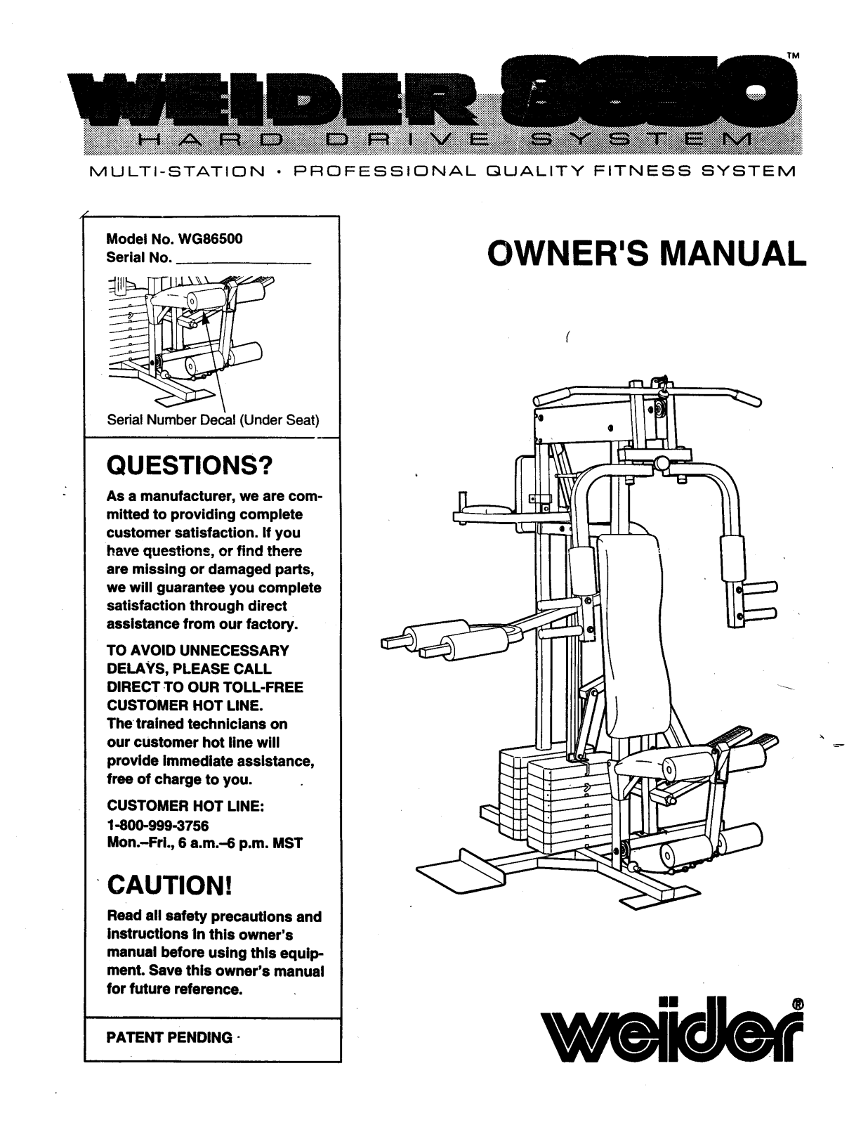 Weider 8650 HARD DRIVE Owner's Manual