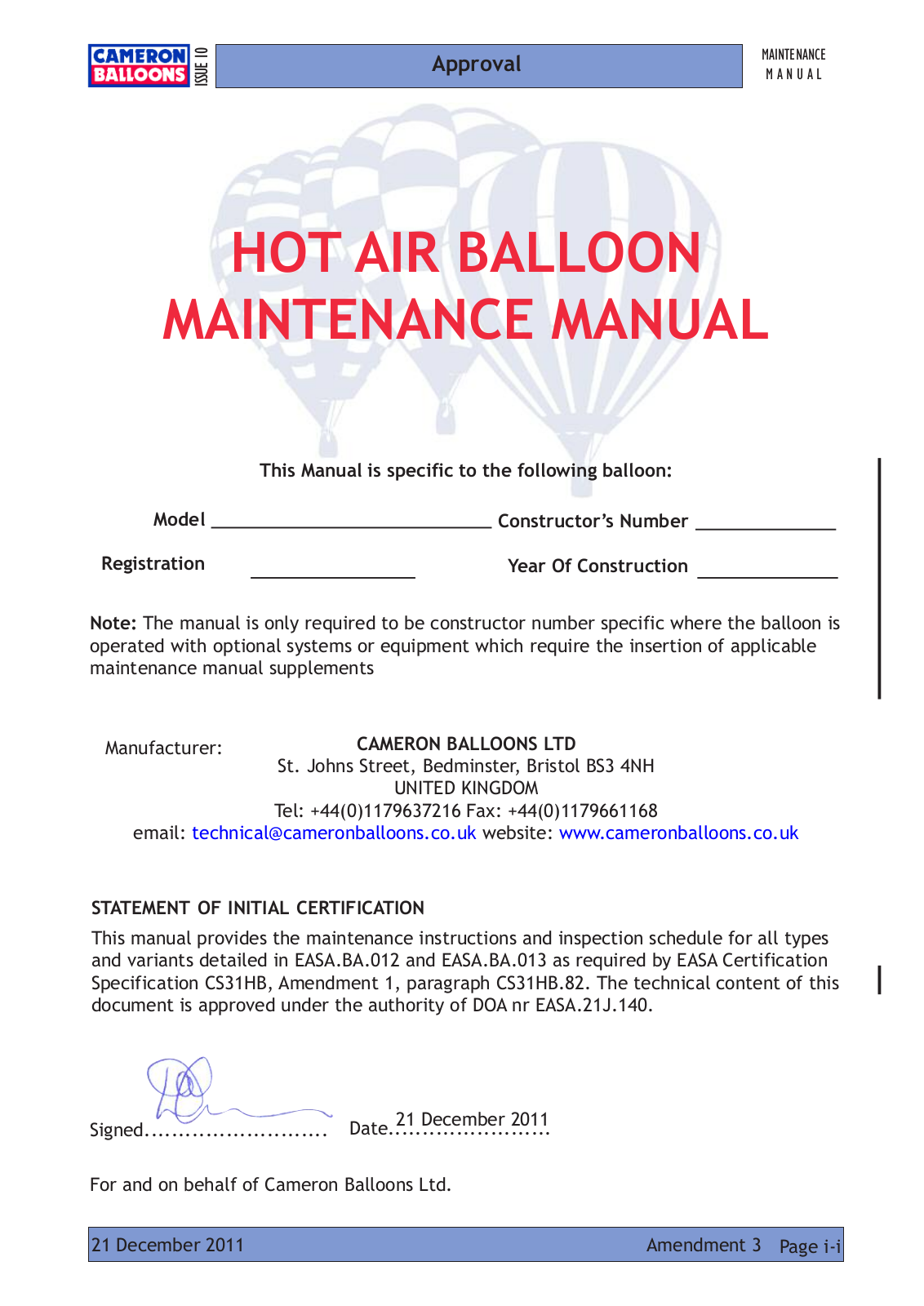 CAMERON BALOONS Shadow, Stealth, SIROCCO Maintenance Manual - ManualMachine.com