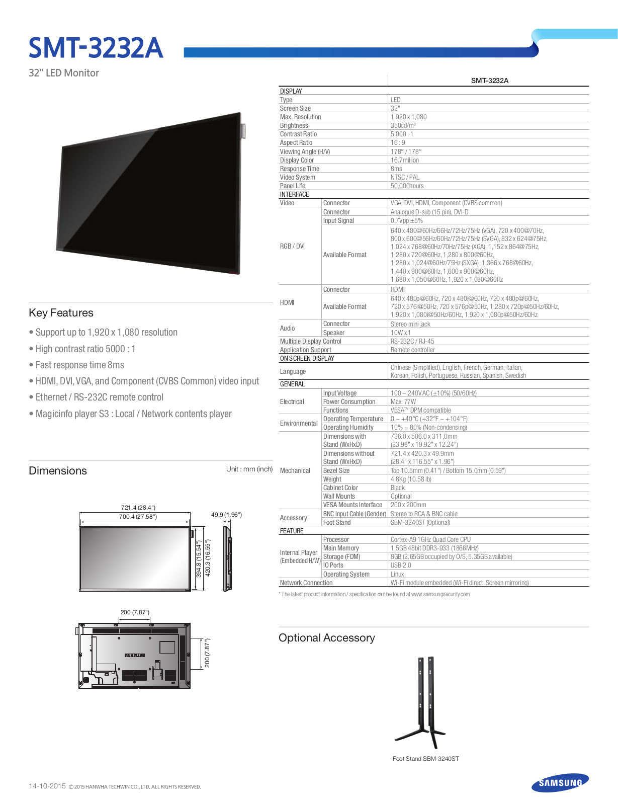 Samsung SMT-3232A Specsheet