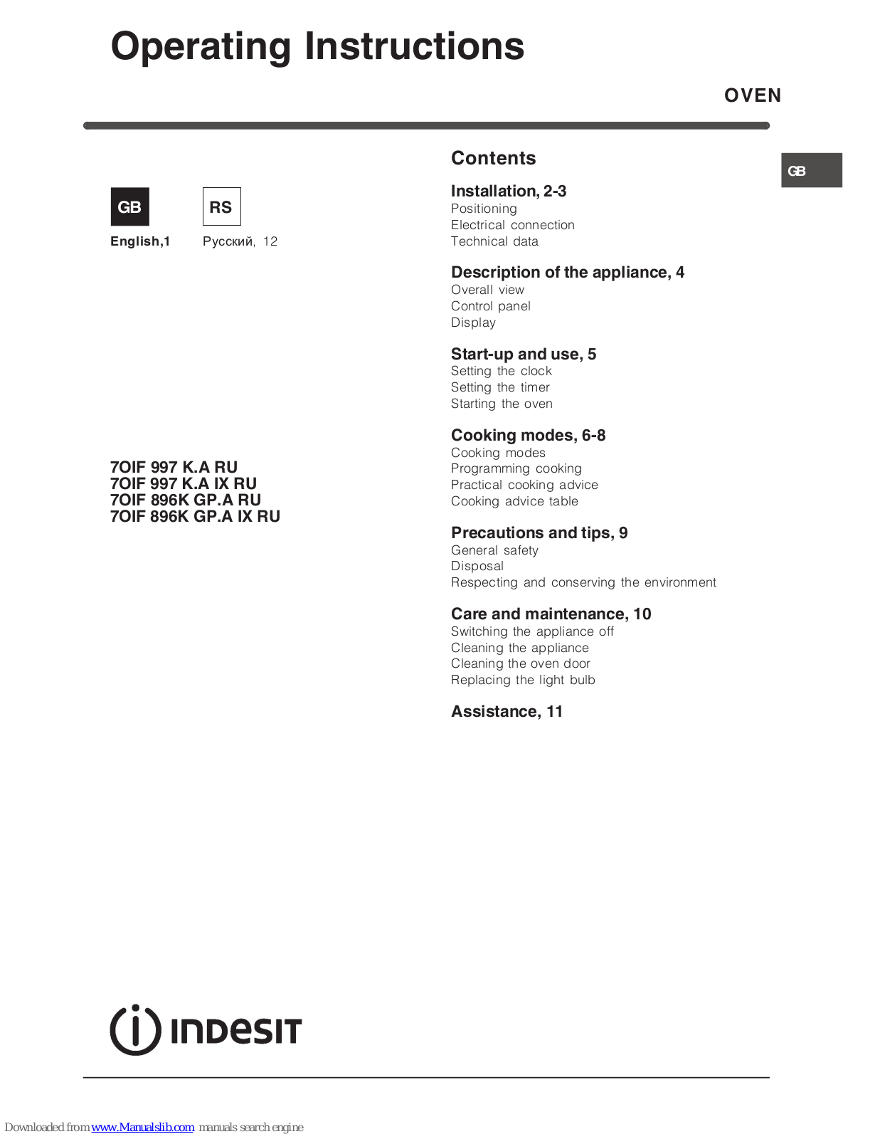 Indesit 7OIF 997 K.A RU, 7OIF 896K GP.A RU Operating Instructions Manual