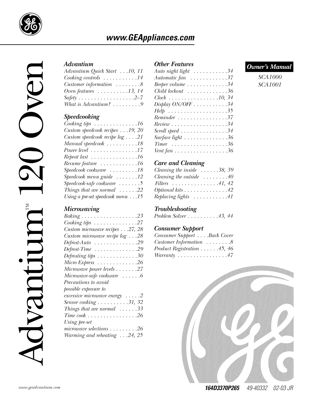 GE SCA1001FSS02, SCA1001FSS001, SCA1001DSS03, SCA1000DWW03, SCA1000DCC03 Owner’s Manual