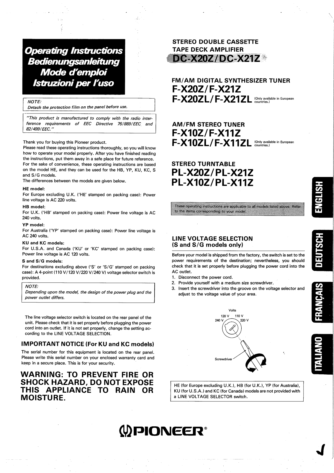 Pioneer PL-X10Z, F-X20ZL, PL-X20Z, F-X20Z, DC-X21Z User Manual