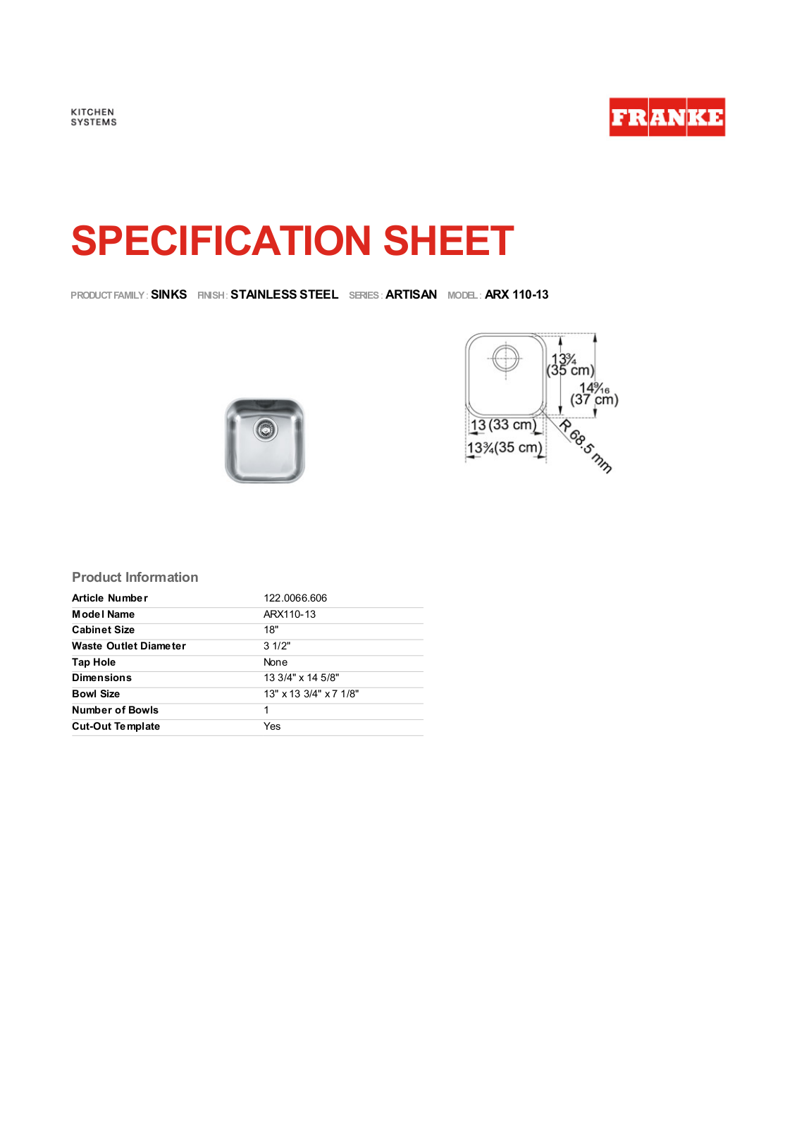 Franke Foodservice ARX 110-13 User Manual