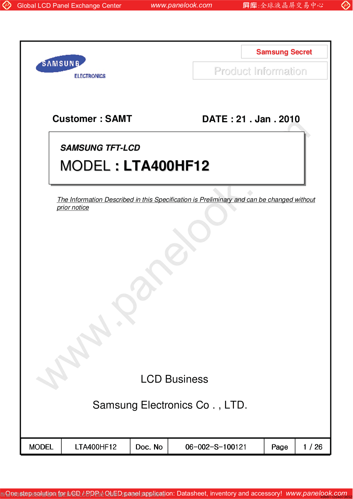 SAMSUNG LTA400HF12 Specification