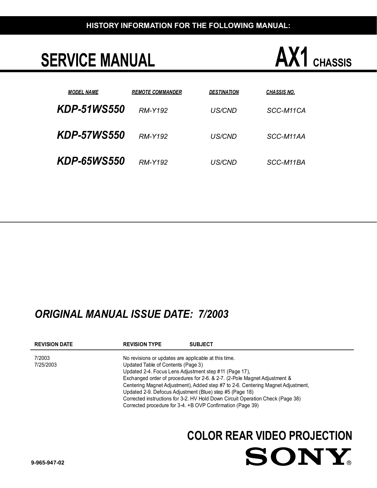 SONY KDP-51WS550, KDP-65WS550 Service Manual