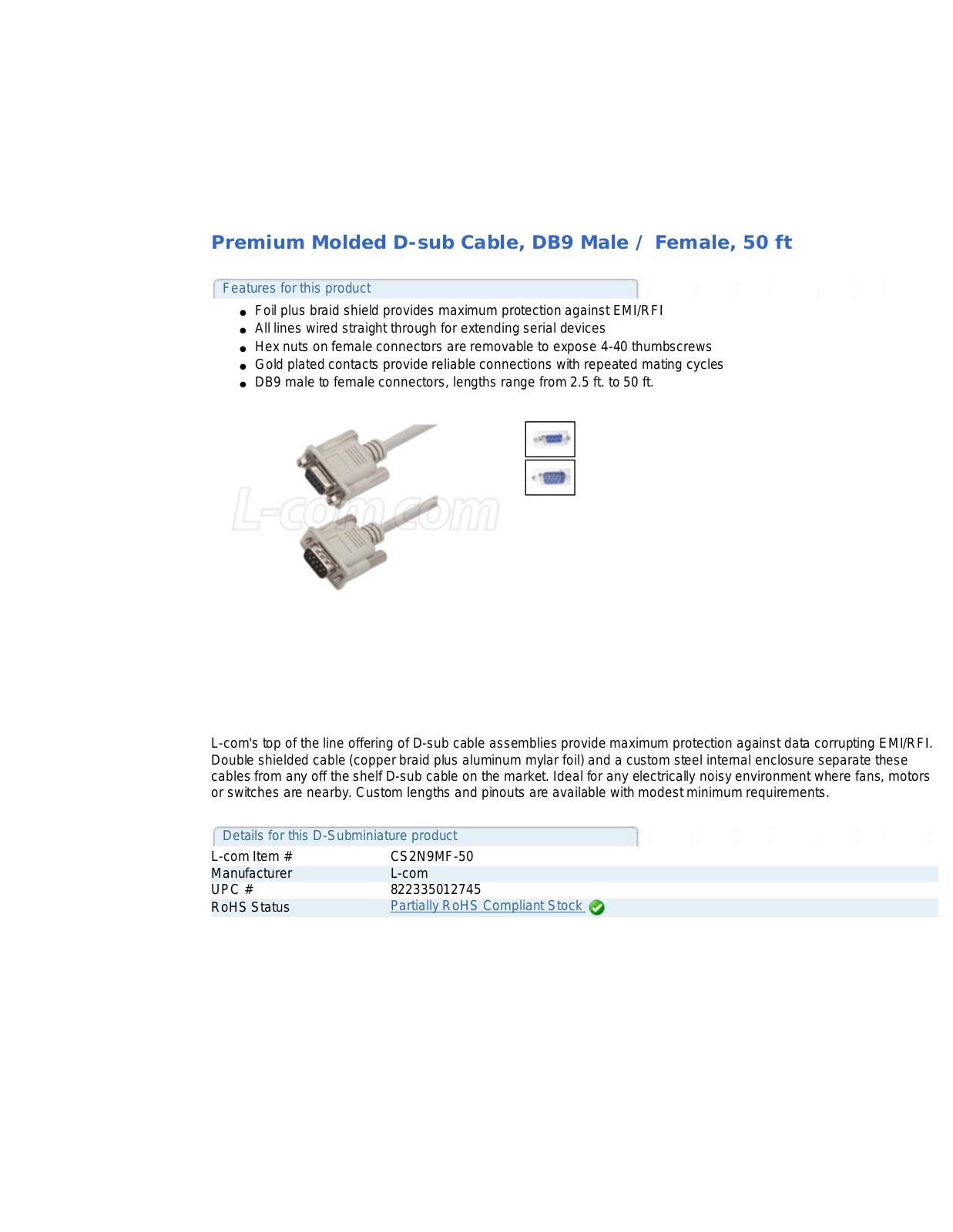 L-com DB9 Male-Female 50 ft User Manual - ManualMachine.com
