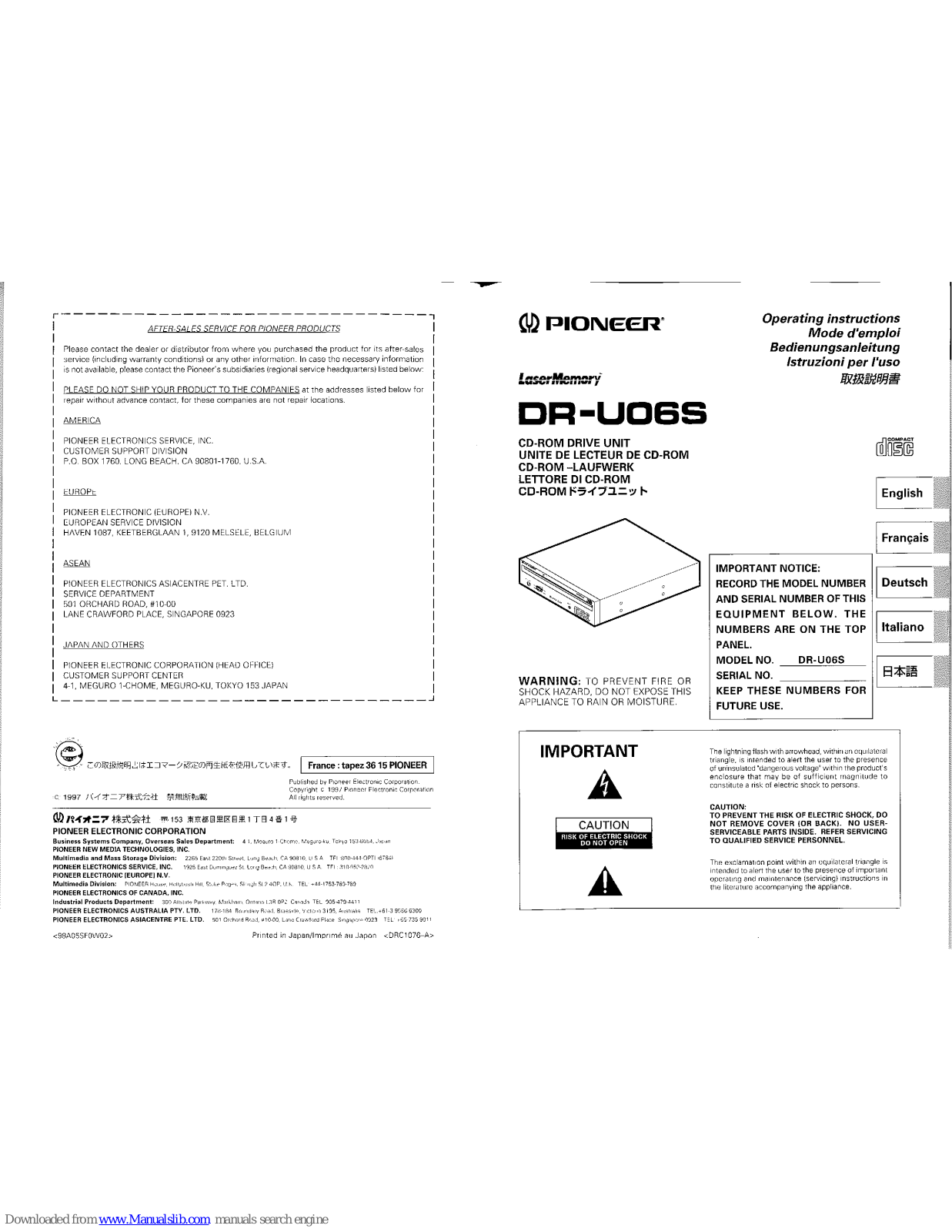 Pioneer LASER MEMORY DR-U06S, DR-706S Operating Instructions Manual