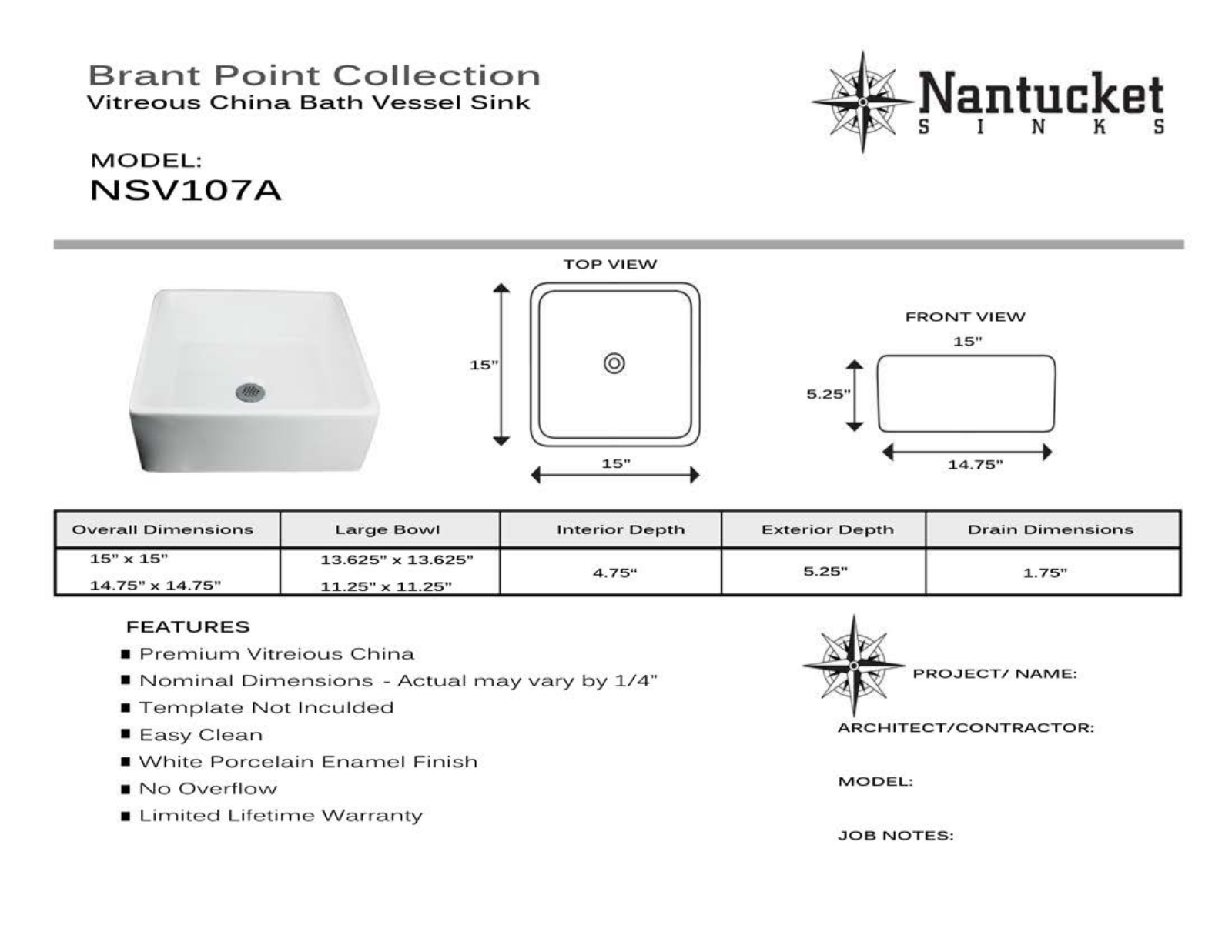 Nantucket Sinks NSV107A Specs