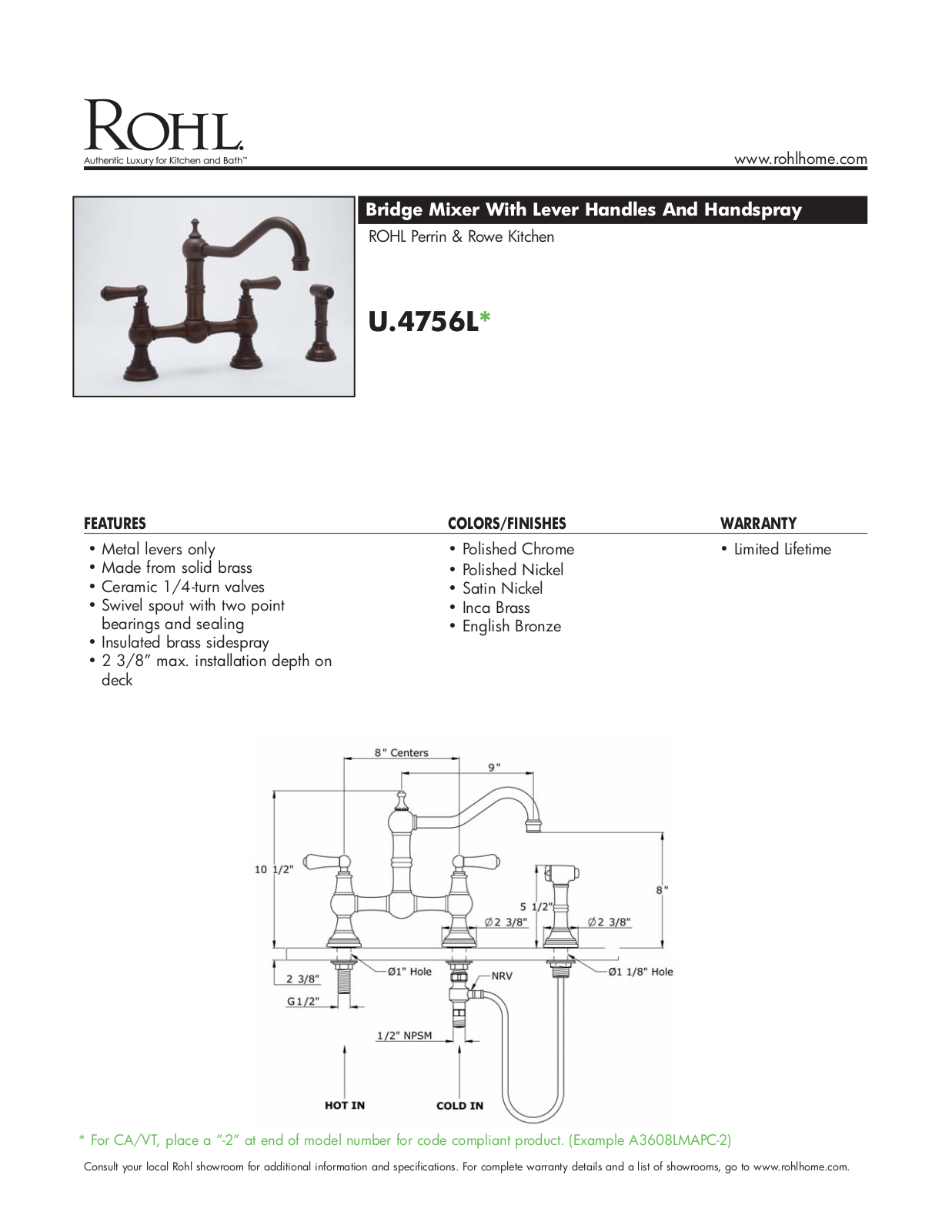 Rohl U.4756L Specification Sheet