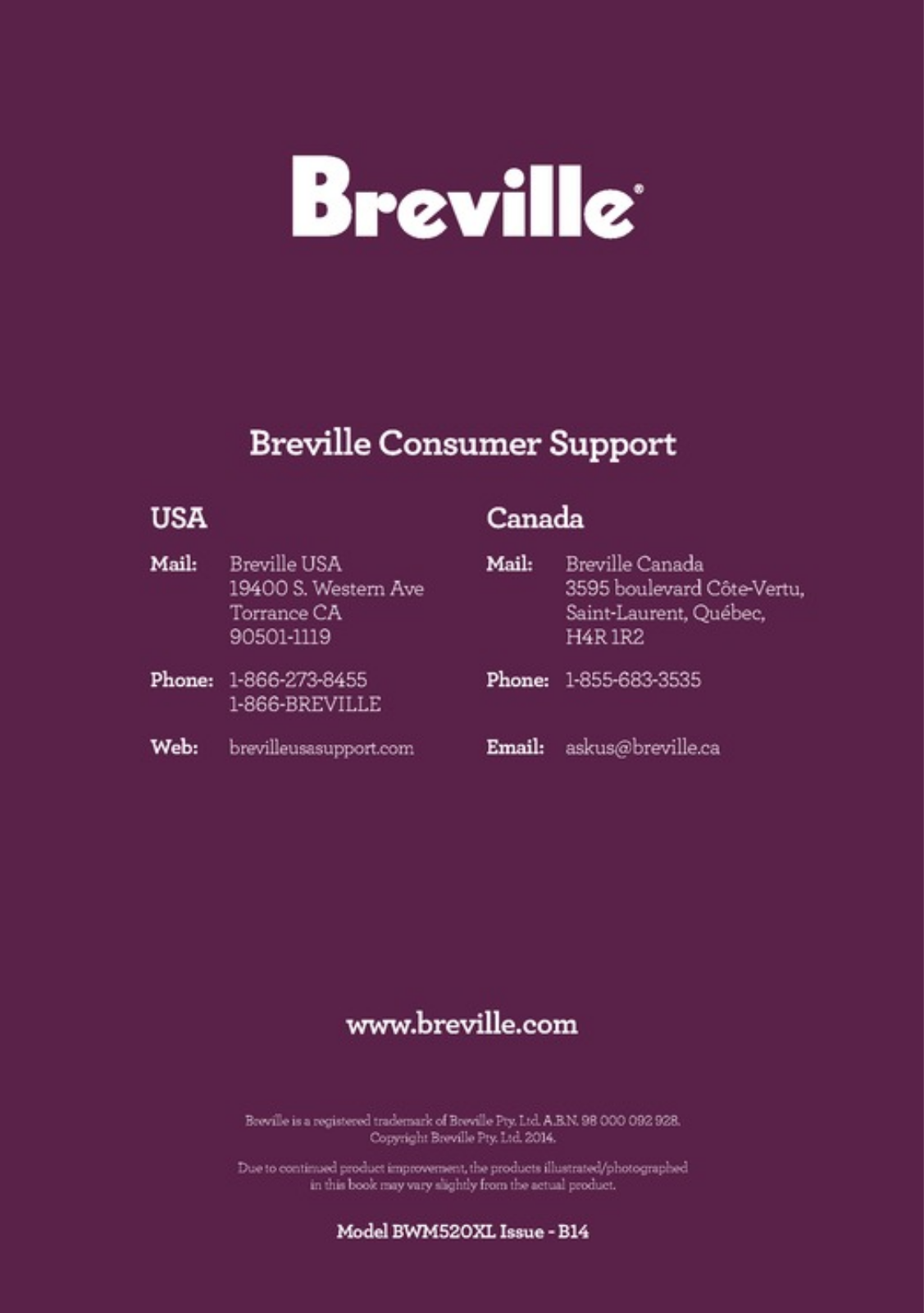 Breville BWM520XL Instruction Handbook