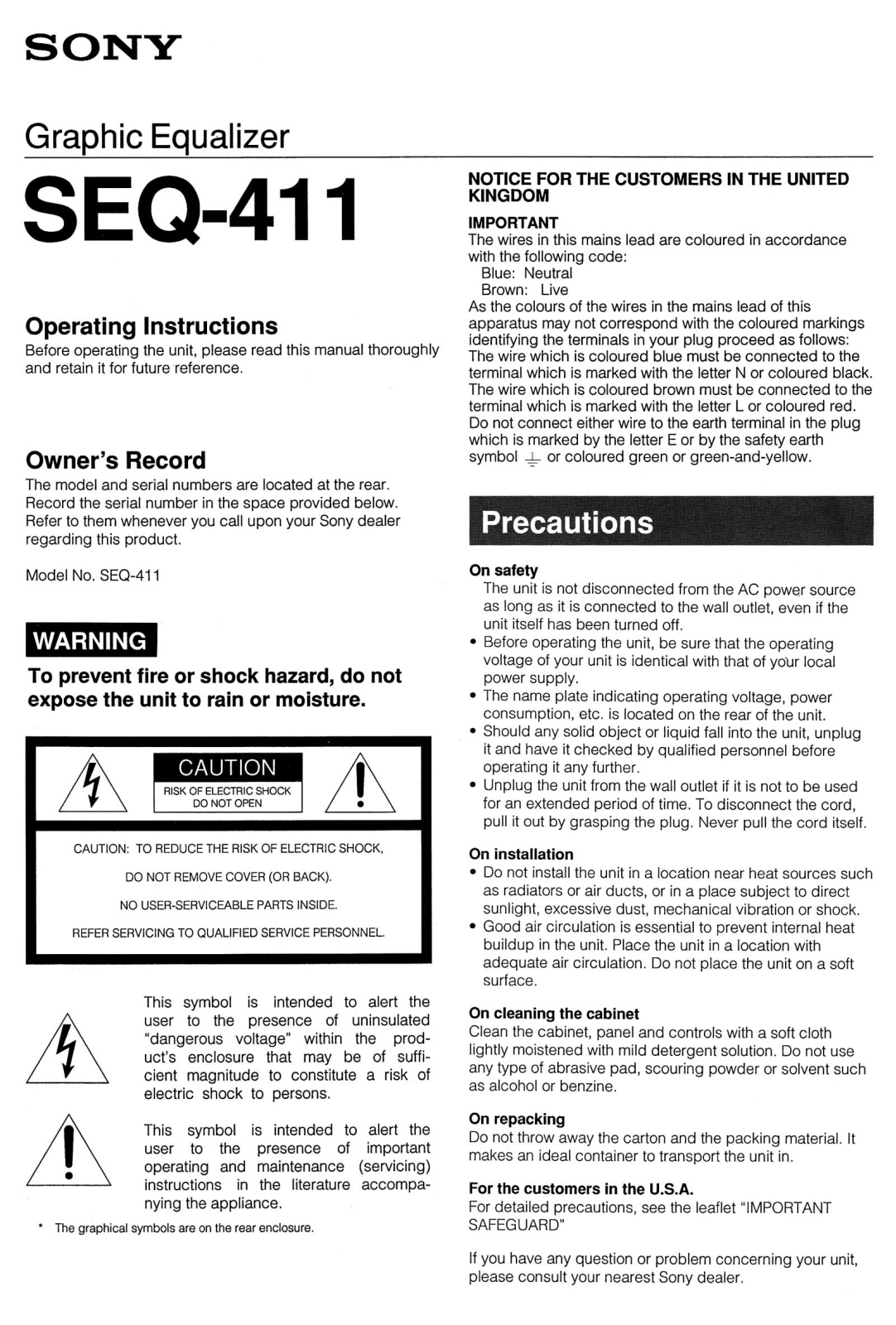 Sony SEQ-411 Owner Manual