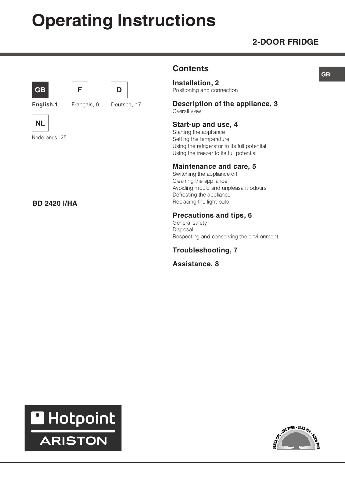 Hotpoint BD 2420 I/HA User Manual